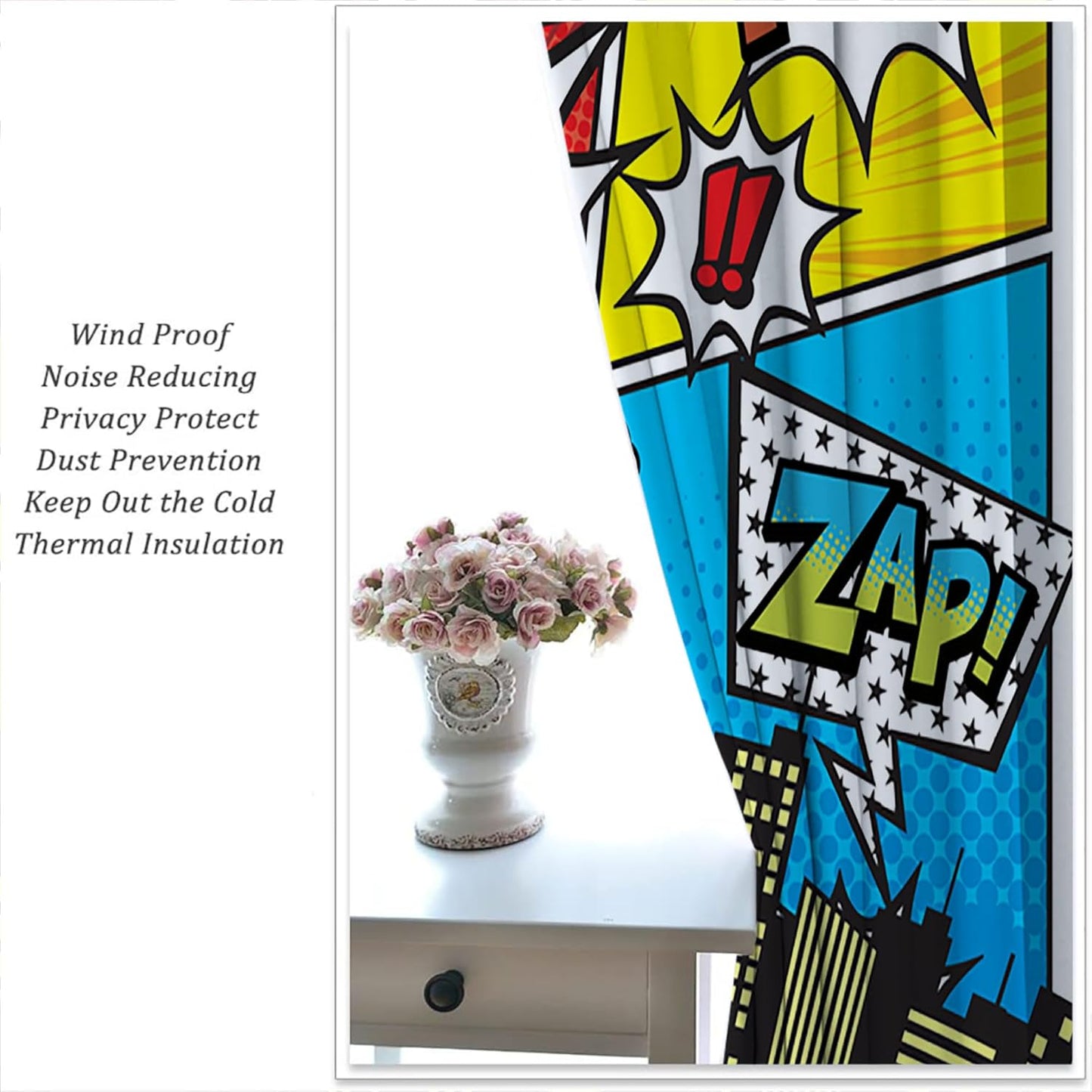 Superhero City Wars Explosion Rod Pocket Blackout Curtains for Boy Girl Bedroom, Colorful Comics Ar Thermal Insulated Home Window Drapes for Living Room Darkening, 84x72 inch
