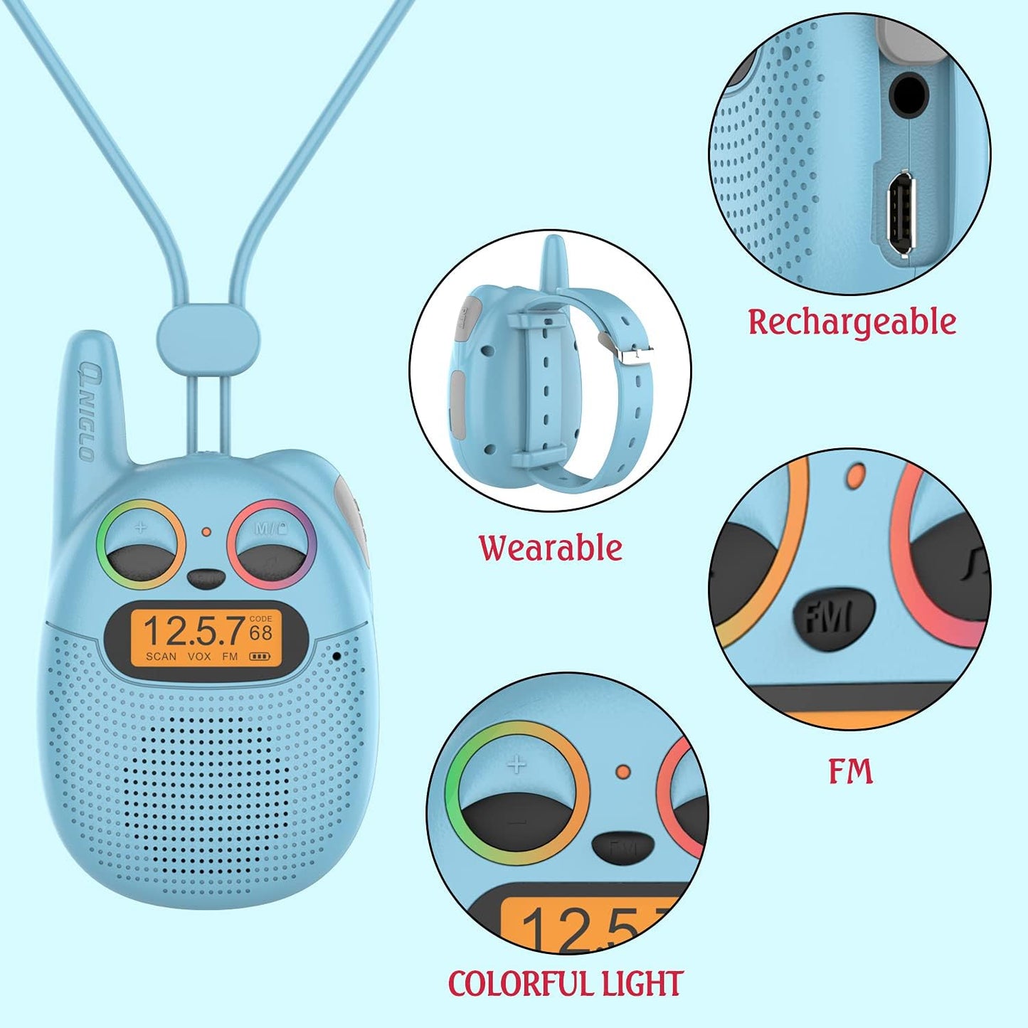 Qniglo Walkie Talkies for Kids - Rechargeable 3 Pack, Spy Toys for 4-12 Year Old Girls and Boys, Kids Walkie Talkies with FM for Outdoor Camping, Christmas and Birthday Gifts
