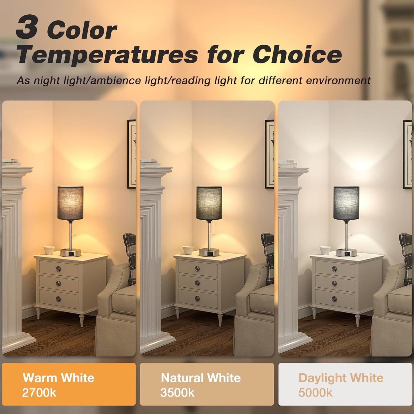 Black Table Lamp for Bedroom Nightstand - 3 Color Temperature Bedside Lamp with USB C and A Ports, Pull Chain Lamp for Bedroom with AC Outlet, Small Lamps Silver Metal Base for Kids Boys/Dorm Room
