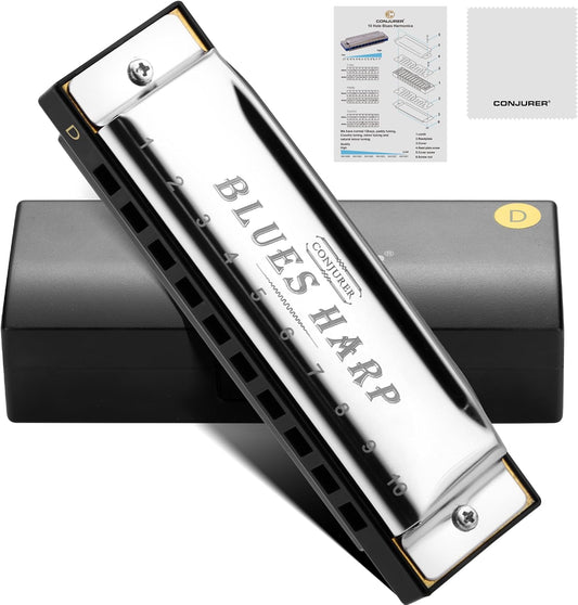 CONJURER Blues Harmonica for Beginners, 10 Hole D Key Diatonic Blues Harp with Stainless Steel Cover & Phosphor Bronze Reeds, Professional Grade for Adults, Gifts (Silver D)