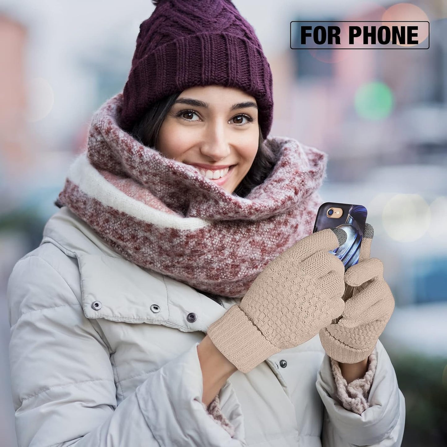 Geyoga 2 Pairs Women's Winter Touch Screen Gloves Soft Warm Fleece Lined Knit Elastic Cuff Winter Texting Gloves