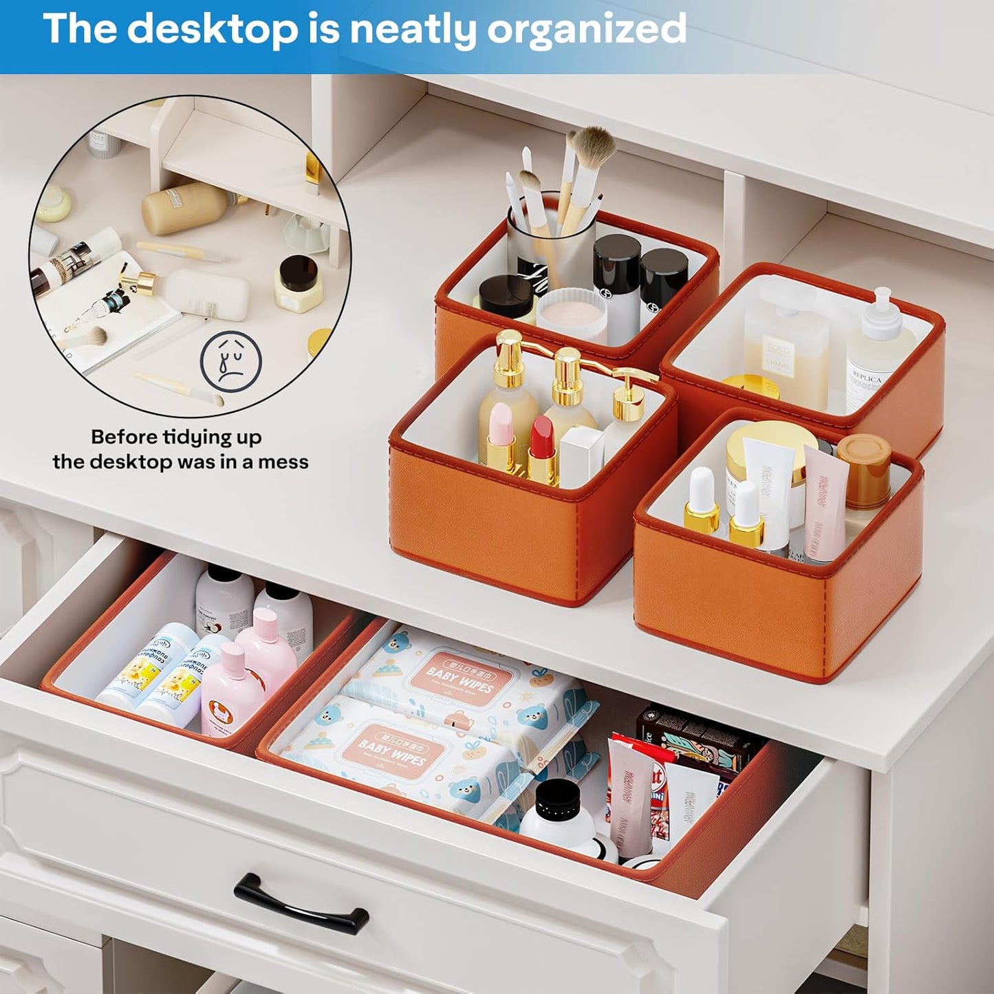 Vegan Leather Drawer Organizers,16 Pack Makeup Storage boxes,Vanity Drawer Luxury upgrade,Bedroom fabric Drawers replacement,bathroom organization and storage Optimal solution