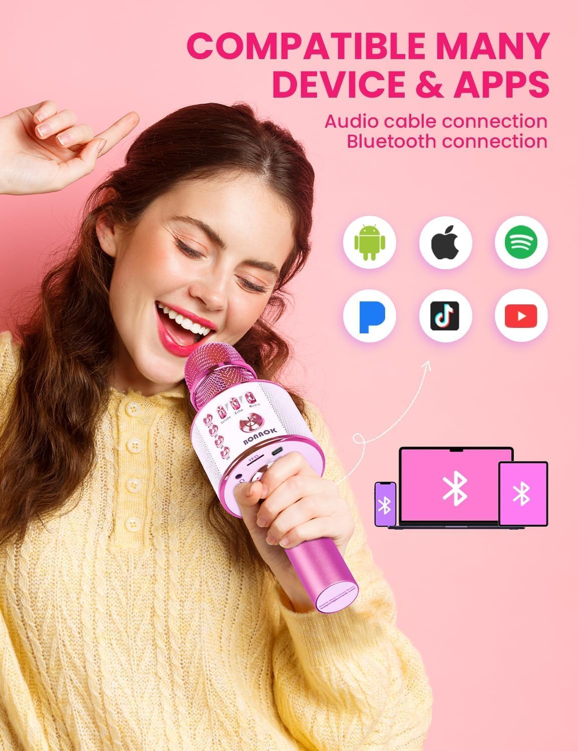 BONAOK Kids Karaoke Microphone, Wireless Bluetooth Microphone for Singing, Gift for Kids, Adults, Girls, Boys, Christmas Kids Toys Gifts for Ages 3, 4, 5, 6, 7, 8+ Years Old (Light Pinkcolor)