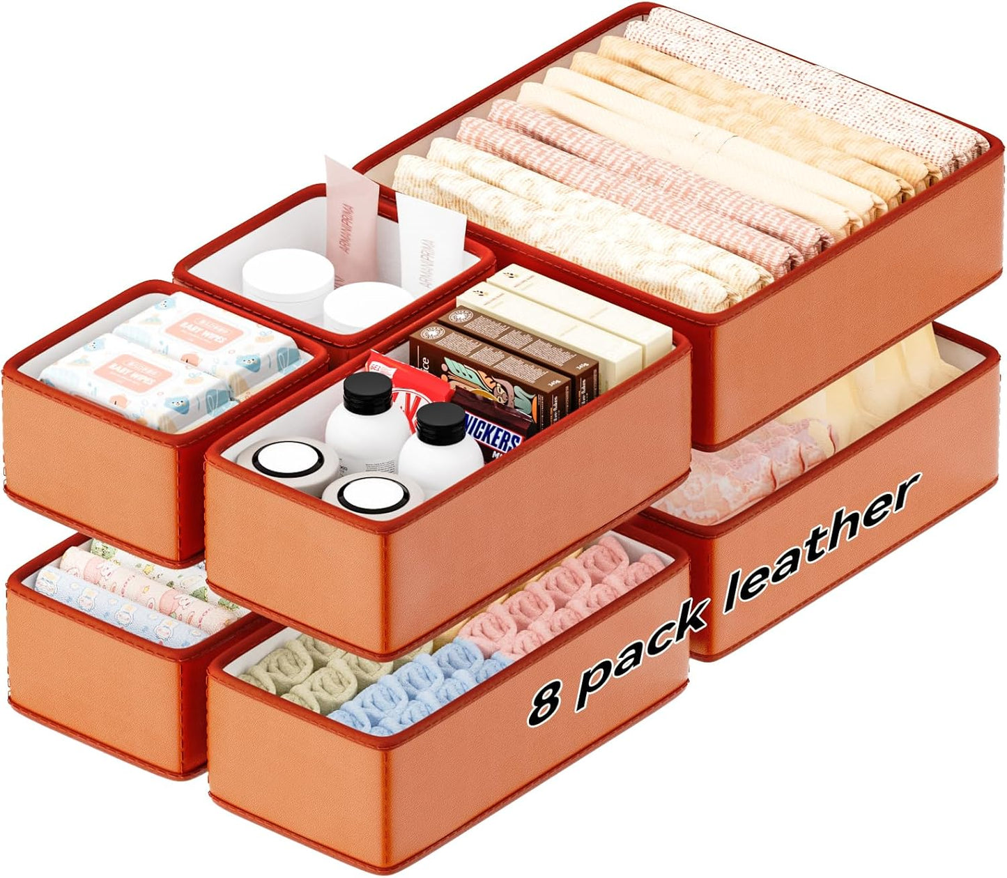 Vegan Leather Drawer Organizers,8 Pack Makeup Storage boxes,Vanity Drawer Luxury upgrade,Bedroom fabric Drawers replacement,bathroom organization and storage Optimal solution