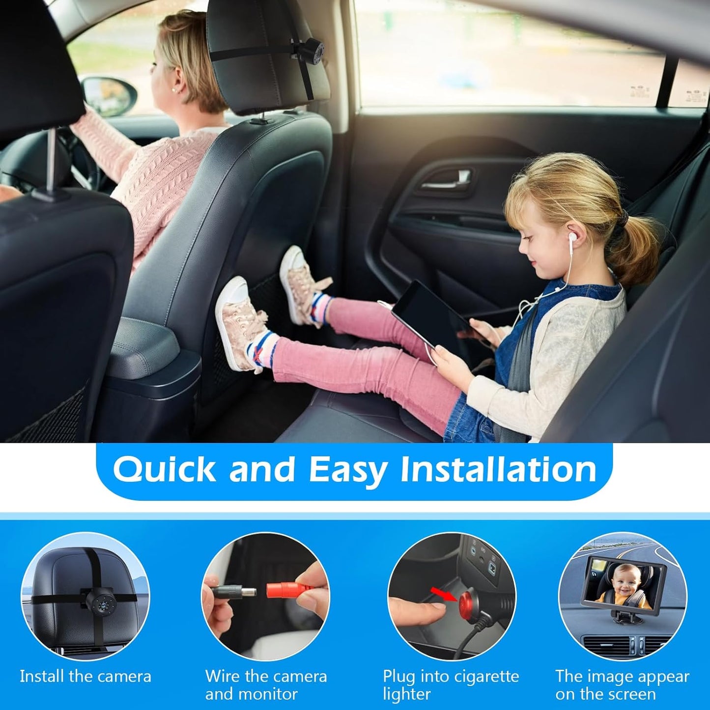 Baby Car Camera,4.3" HD Infrared Night Vision Baby Car Mirror with 178° Wide View, Safety Rear Facing Car Set Camera for Infants Kids Toddlers