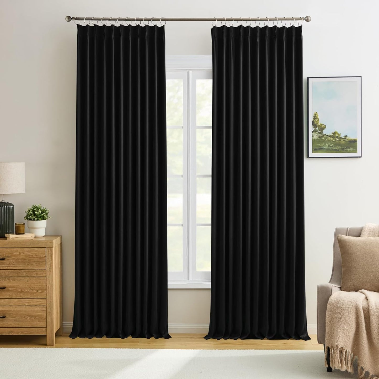 KEQIAOSUOCAI 72 Inch Wide Black Pinch Pleated Curtains 72 x 100, Thermal Insulated Noise Cancelling Living Room Office Drapes 100 Inches Long, Patio Sliding Glass Door Window Curtain 2 Panels