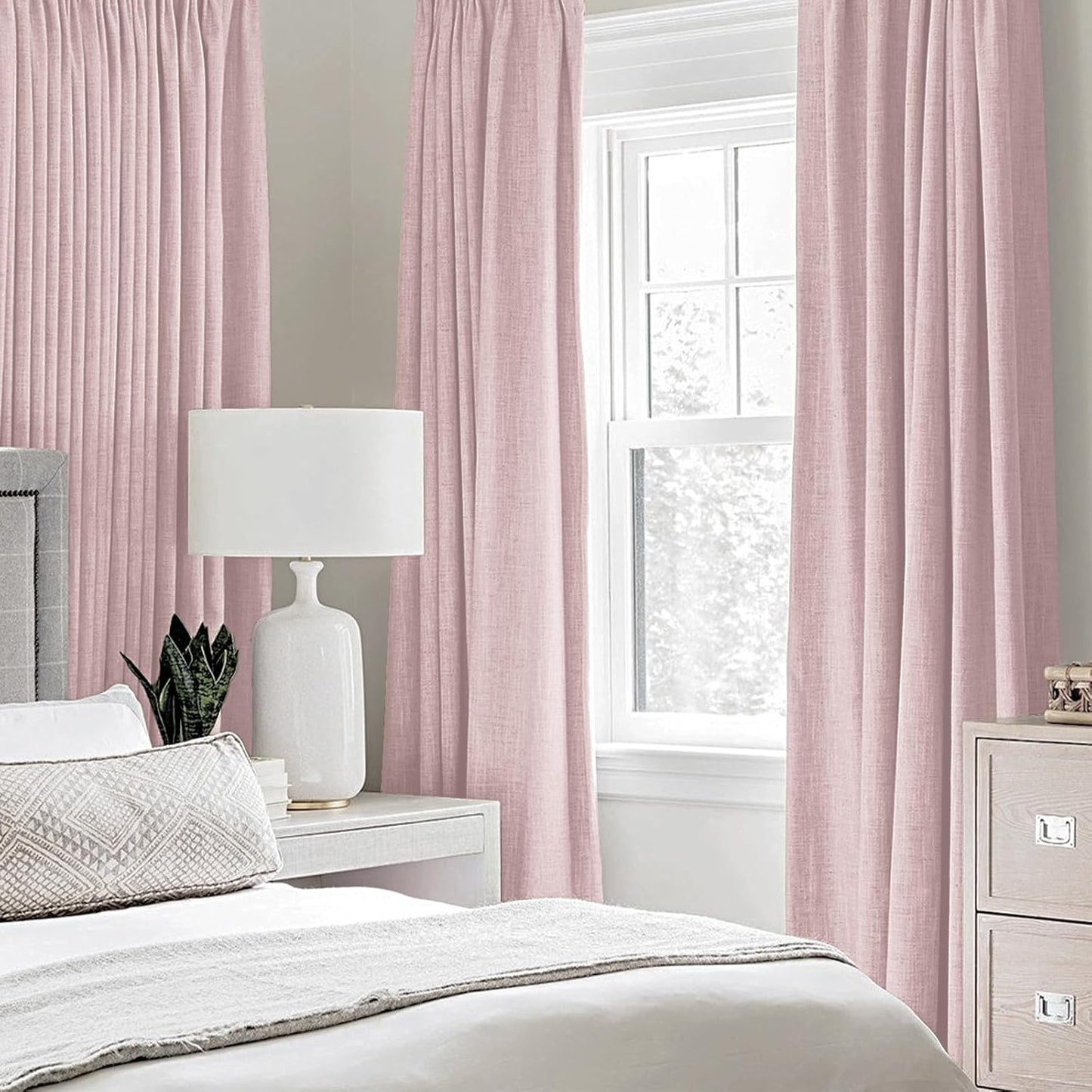 MIULEE Linen Texture Curtains for Bedroom Solid 100% Blackout Thermal Insulated Pink Curtains Grommet Room Darkening Drapes for Living Room Nursery 52x72 Inch (2 Panels)