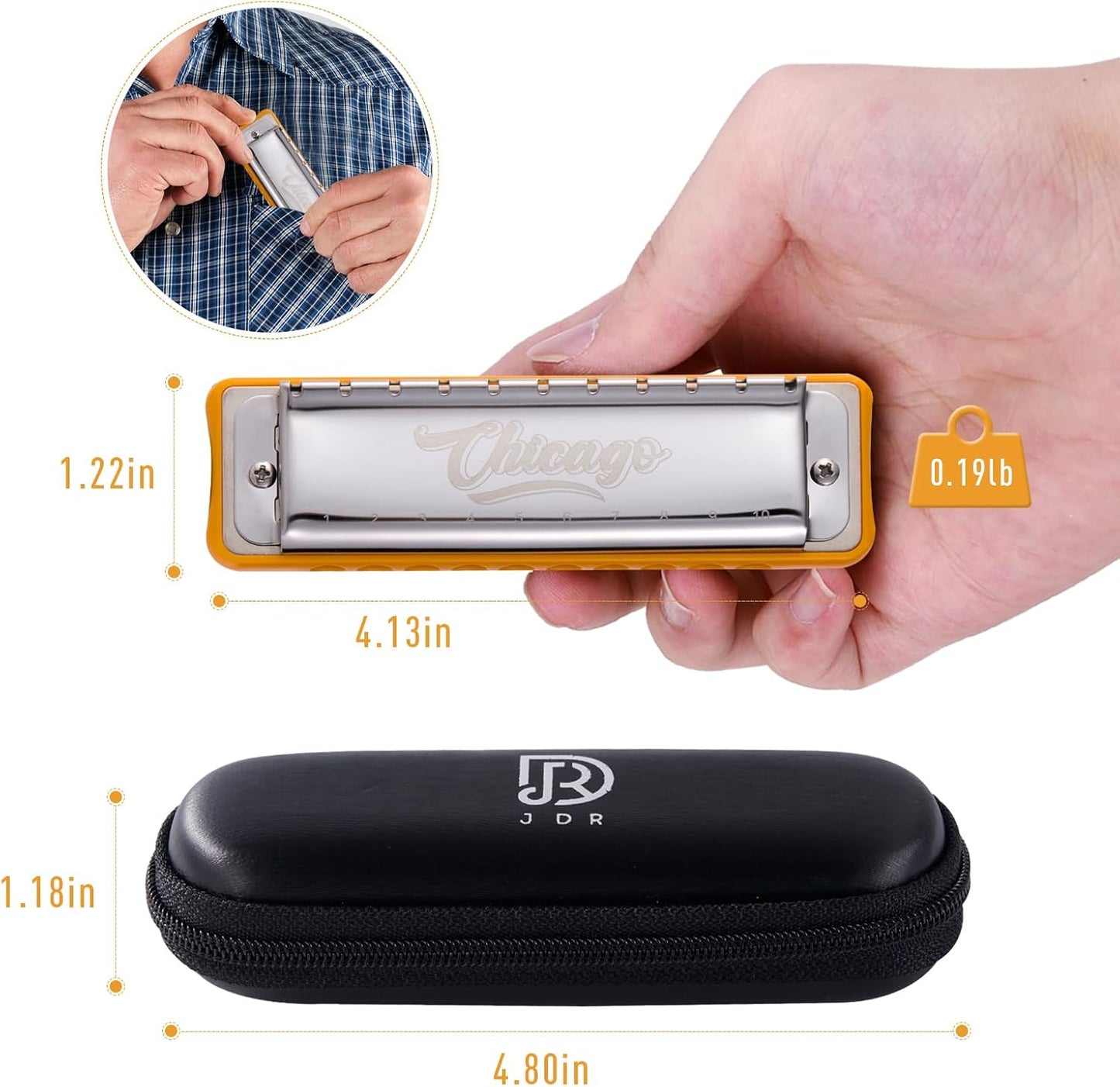 Harmonica JDR Blues Harps Key of A 10 Holes 20 Tones Armonica for Adults Kids Professional Beginners Mini Mouth Organ with Case Chicago