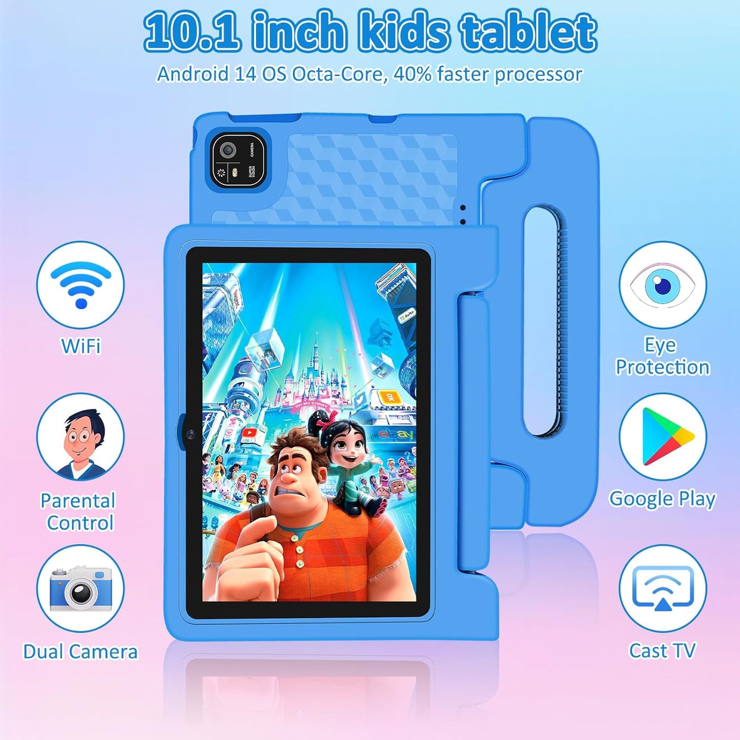 Tablet for Kids, 10.1 inch IPS HD Touchscreen Android 14 64 GB Storage, 8GB RAM, Octa Core Kids Tablet, Parental Controls, 12-hr Battery, WiFi, GPS - Blue