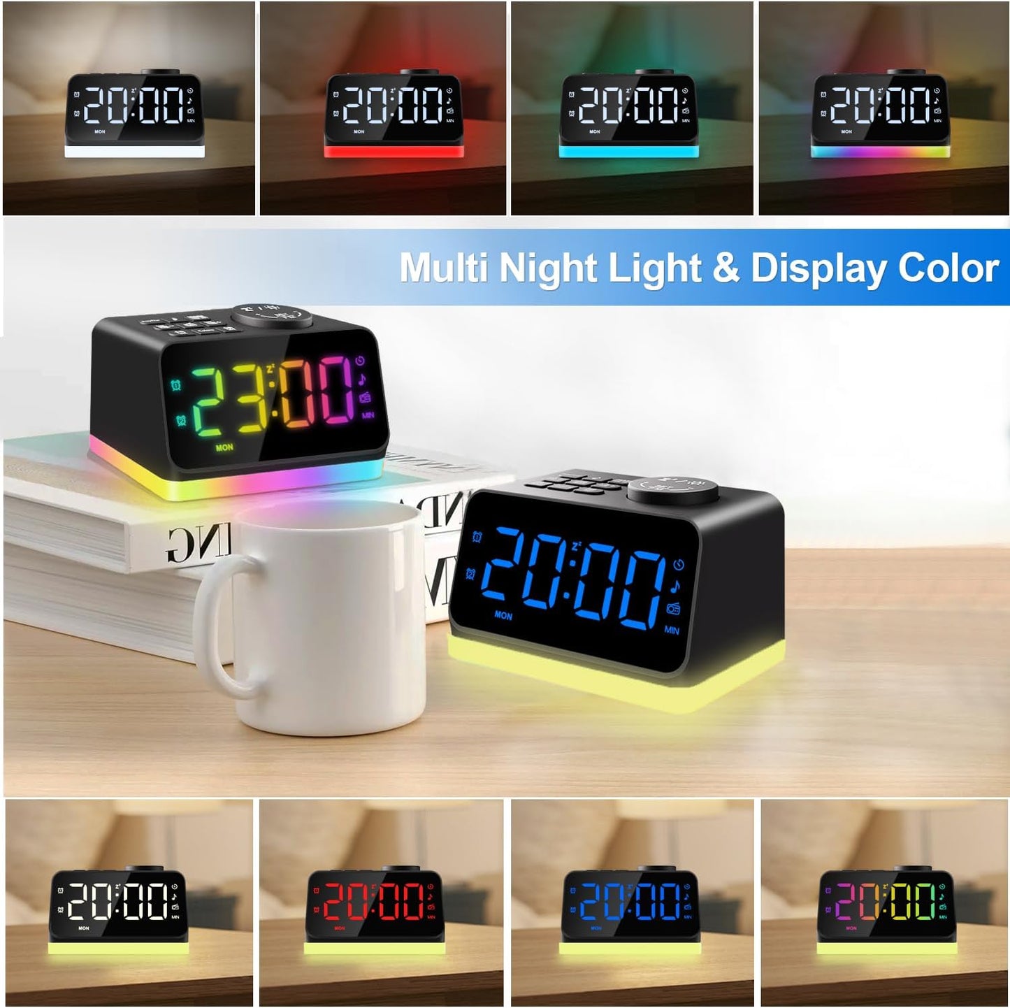 JALL Digital Alarm Clock with FM Radio for Bedroom, 8 Colors Night Light with Charging Port, Sleep Sound Machines with Timer, Dual Alarm (Black with RGB Font)