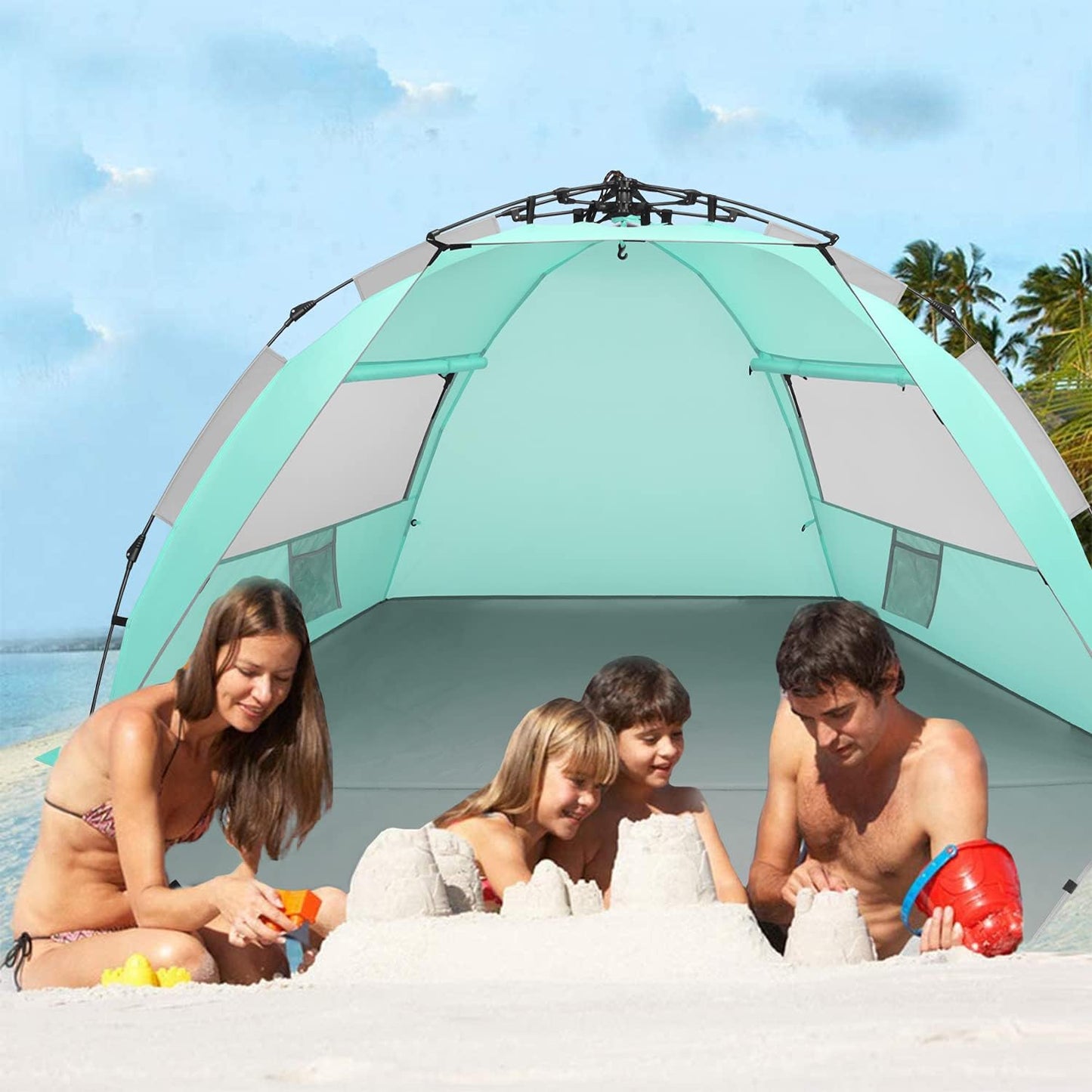 Oileus X-Large 4 Person Beach Tent Sun Shelter - Portable Sun Shade Instant Tent for Beach with Carrying Bag, Stakes, 6 Sand Pockets, Anti UV for Fishing Hiking Camping, Waterproof, Light Green