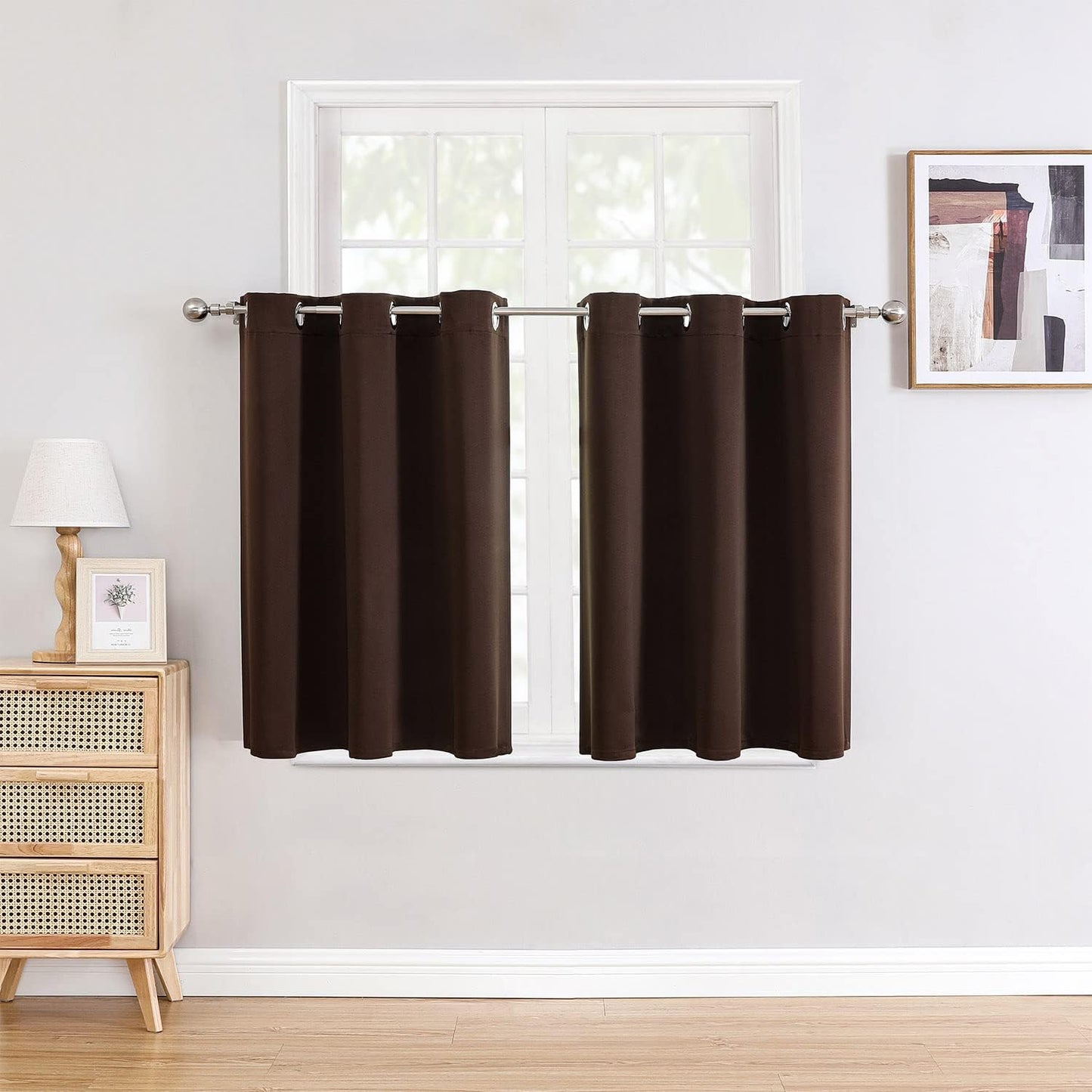 ChrisDowa Small Window Curtains for Kitchen and Bedroom - Grommet Short Thermal Insulated Room Darkening Curtains (2 Panels, Brown, 52 x 36 Inch)