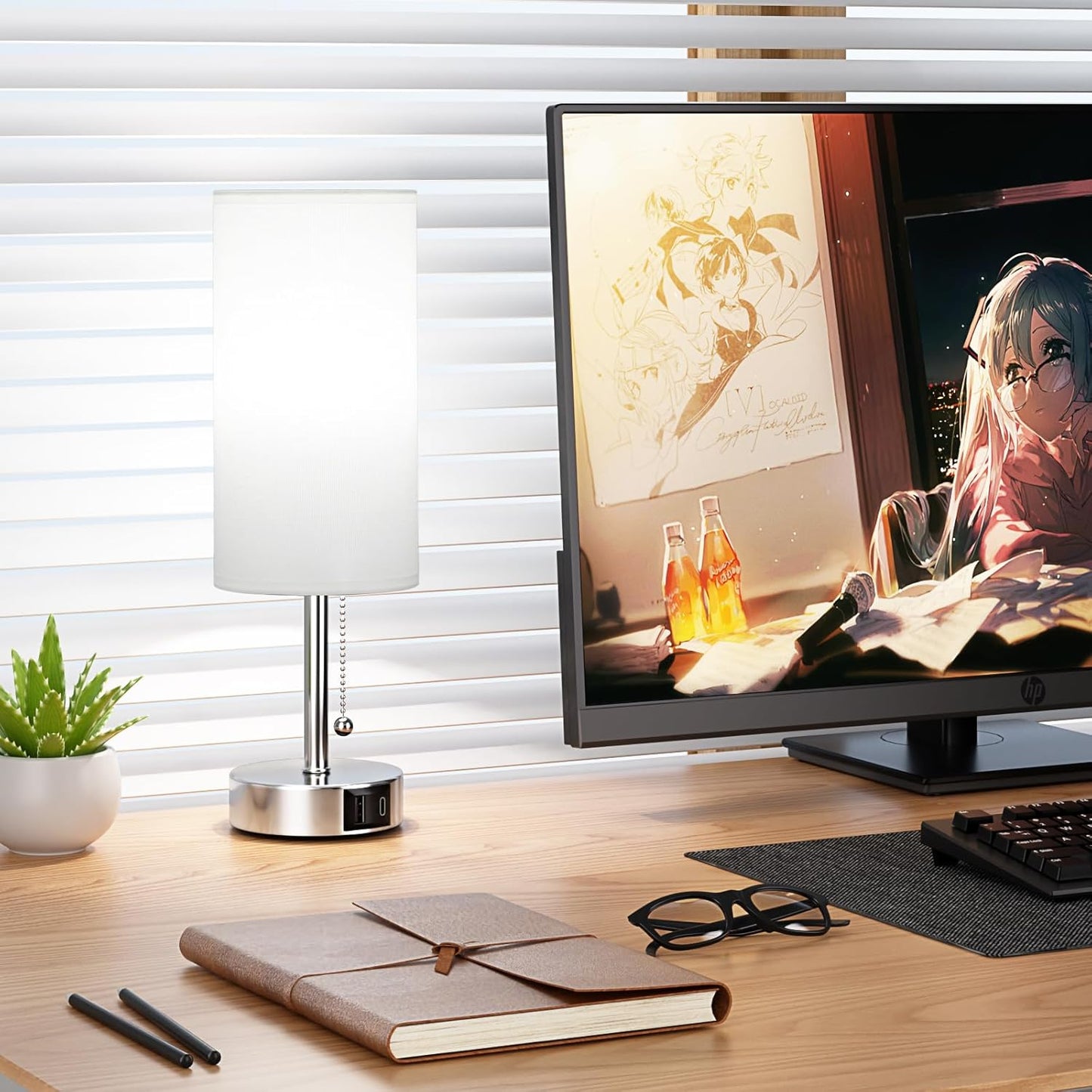 White Table Lamp for Bedroom Nightstand - Small Lamp with USB A + C Charging Port, 3 Color Temperatures Pull Chain Night Stand Light, Silver Base Desk Reading Lamp for Living Room
