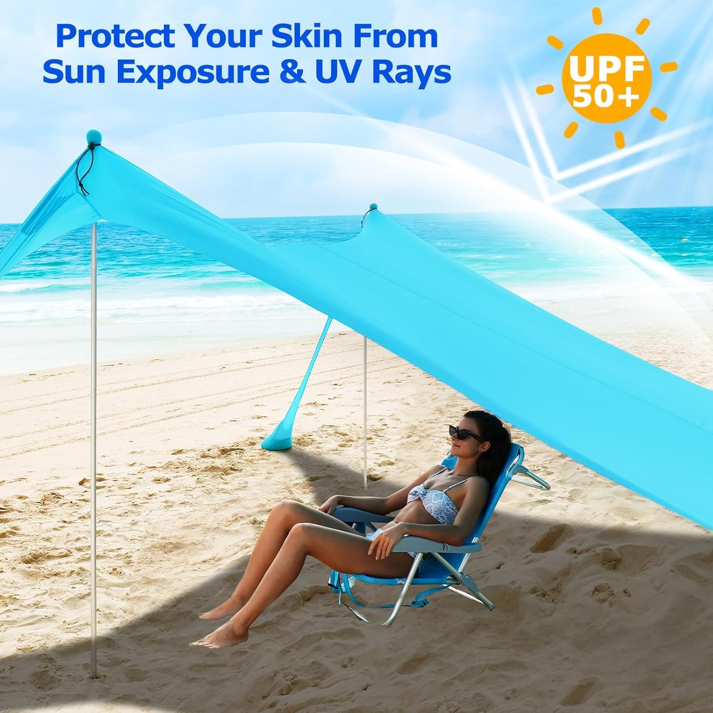 COMMOUDS Beach Tent Sun Shelter - UPF50+ Pop Up Beach Canopy with Sandbags & Sand Shovel & Windproof Poles, Portable Sun Shade for Beach, Camping, Picnics, Backyard