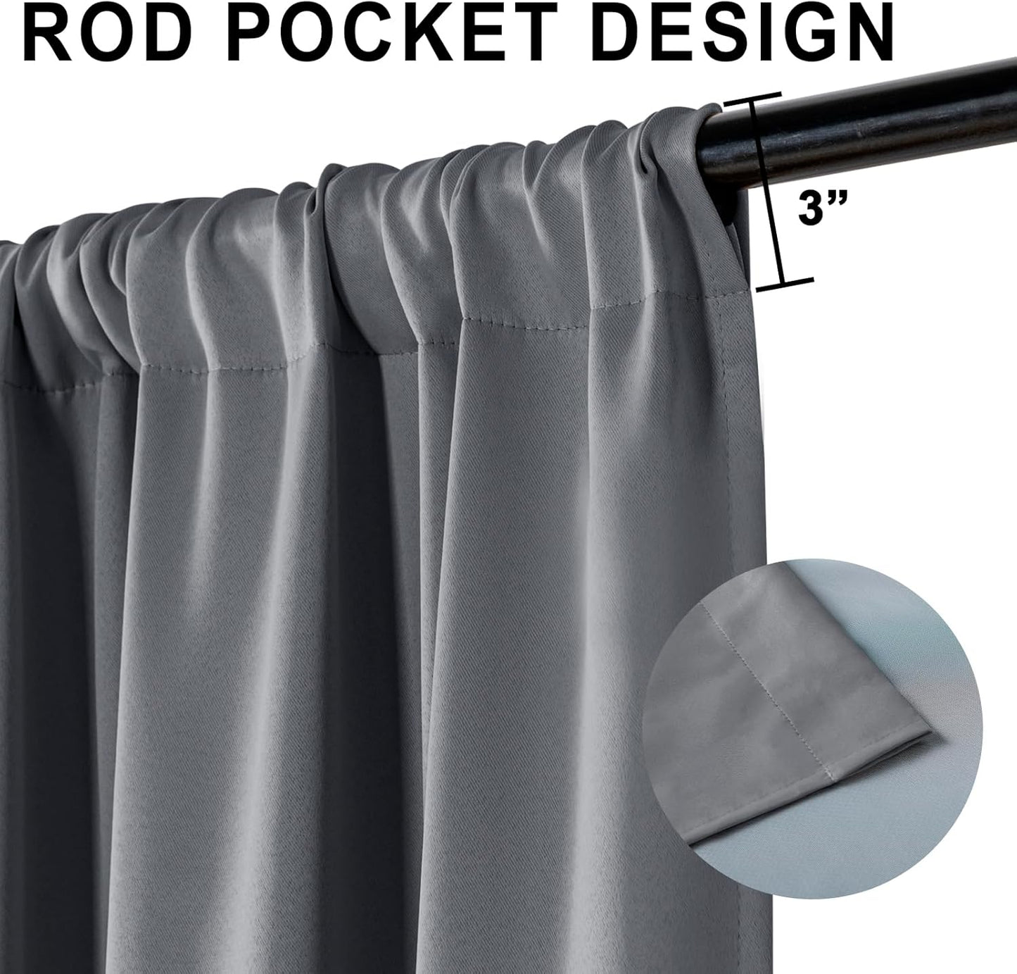 XWZO 100% Blackout Curtains 84 Inches Long with Tiebacks- Heat and Full Light Blocking, Thermal Insulated Window Panels for Bedroom/Nursery, Rod Pocket, Dark Grey, W52 x L84, Set of 2 Draperies
