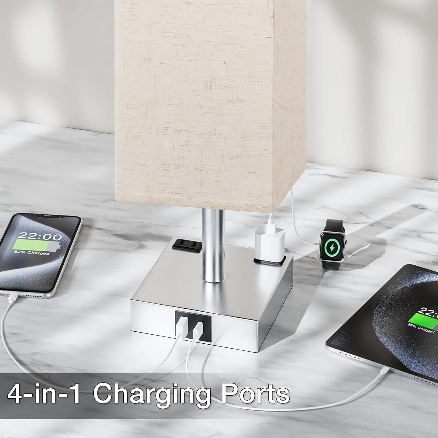 Touch Bedside Table Lamp for Nightstand - 3-Way Dimmable Night Lamp with USB A + Type C Charging Ports and Two AC Outlets, Small Desk Light with E26 LED Bulb for Bedroom Living Room Dorm, Beige