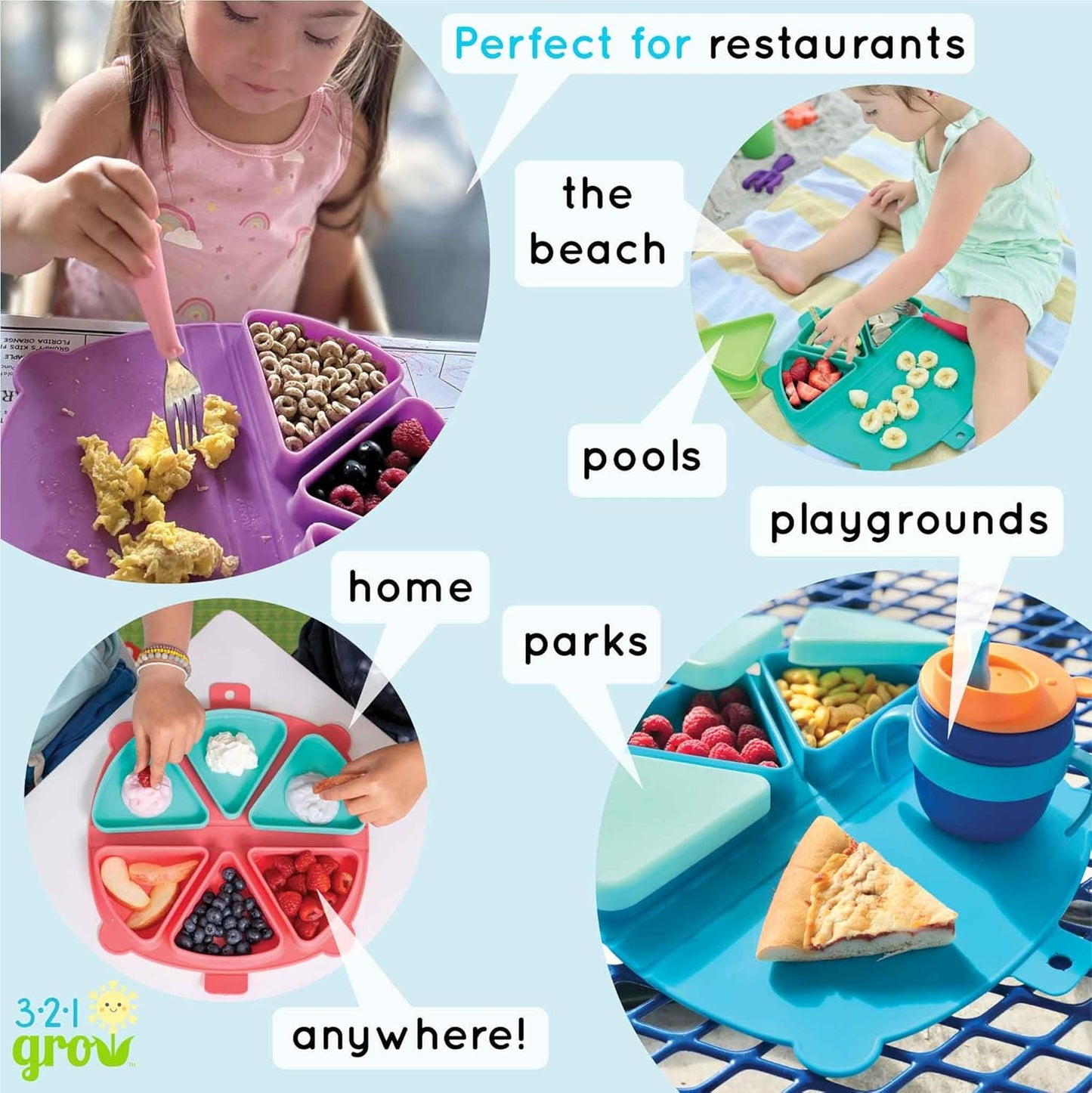 On-The-Go Snack Mat – Baby Silicone Travel Dining Placemat – Portable Silicone Toddler Plate – Reusable Snack Container with 3 Compartments and Lids for 6 Months + (Watermelon)