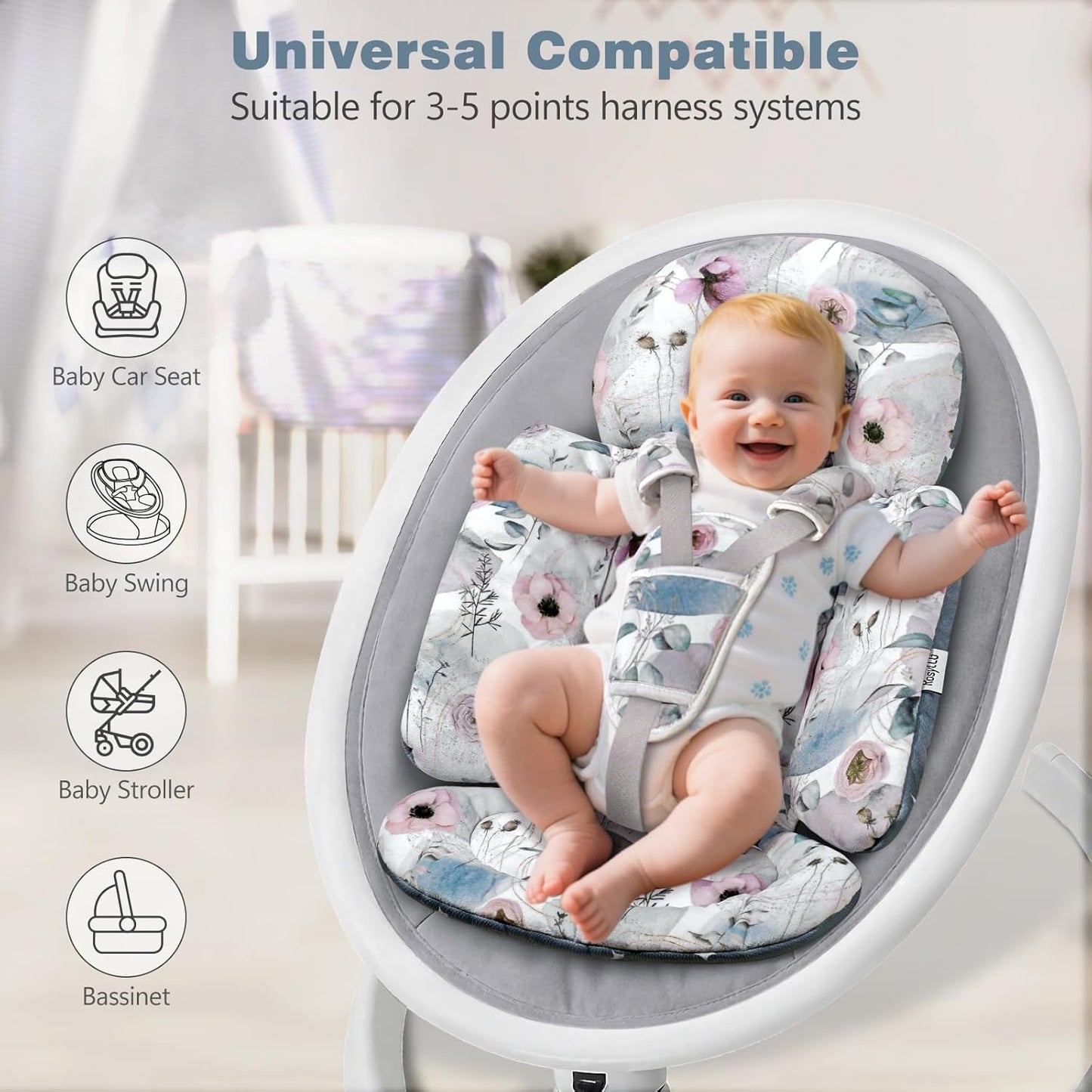 Upgraded Infant Car Seat Insert, 2-in-1 Reversible Baby Car Seat Head Support with 3 Strap Covers, All Seasons Newborn Car Seat Insert and Baby Carseat Cushion for Stroller, Swing, Rocker, Bassinets