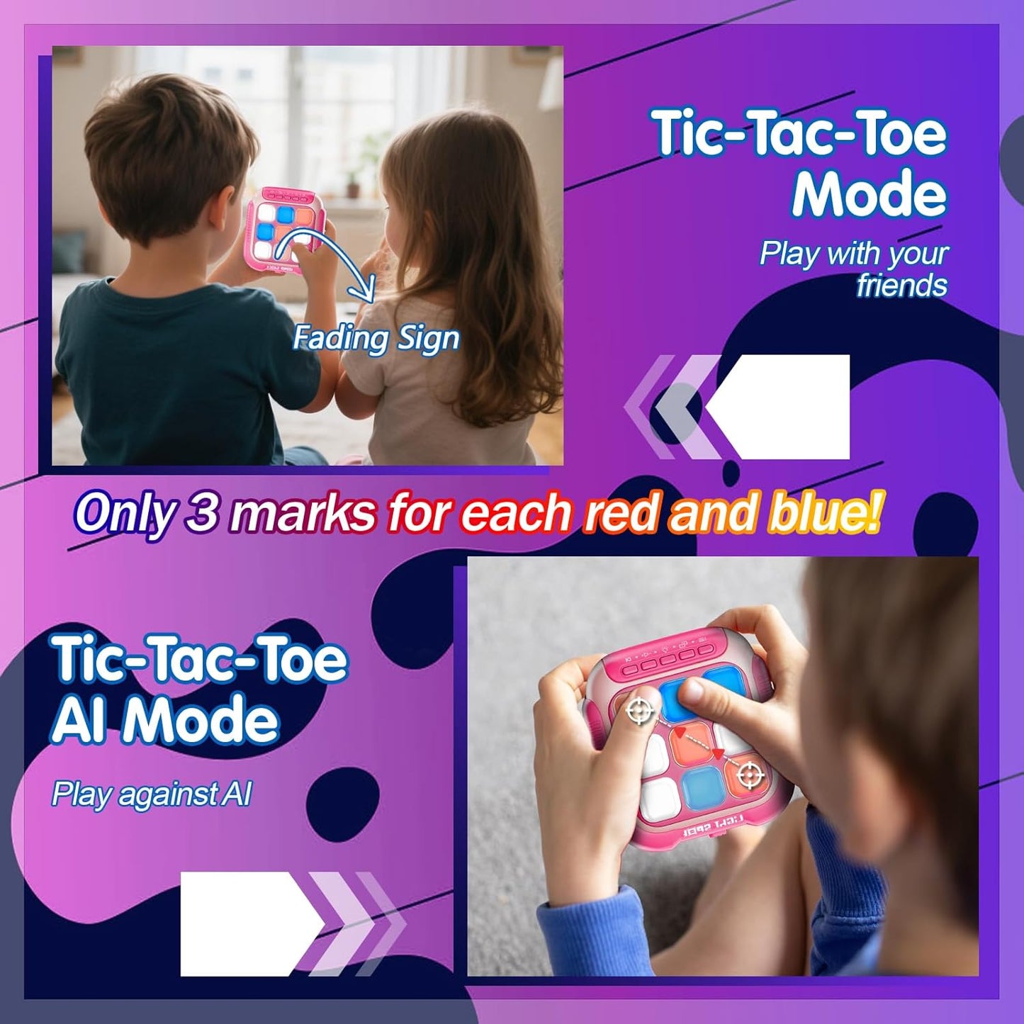 Tic Tac Toe Electronic Handheld Puzzle Game Console Fidget Toys w/ 7 Game Modes, Portable Fast and Fun Car Travel Press Games for Kids and Adults, Ideal Xmas Birthday Gifts for Ages 3+ (Pink)