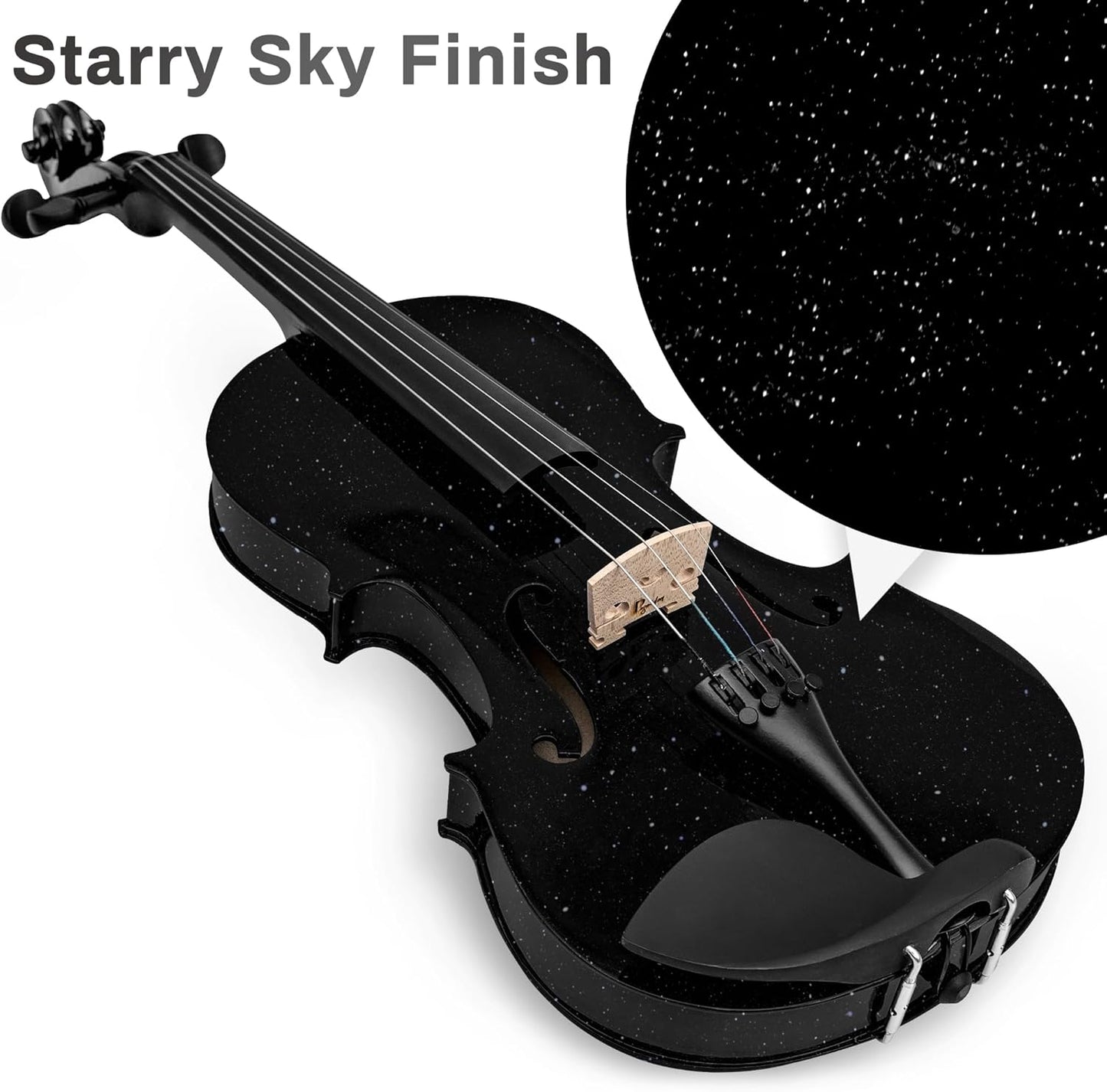 3/4 Acoustic Violin Fiddle, Black Violin for Beginners for Beginners Violin Starter Kit w/Case, Two Bows, Two Bridges, Two Rosins, Two 3/4 Strings Full Size Set, Shoulder Rest, Clip-on Tuner, Manual