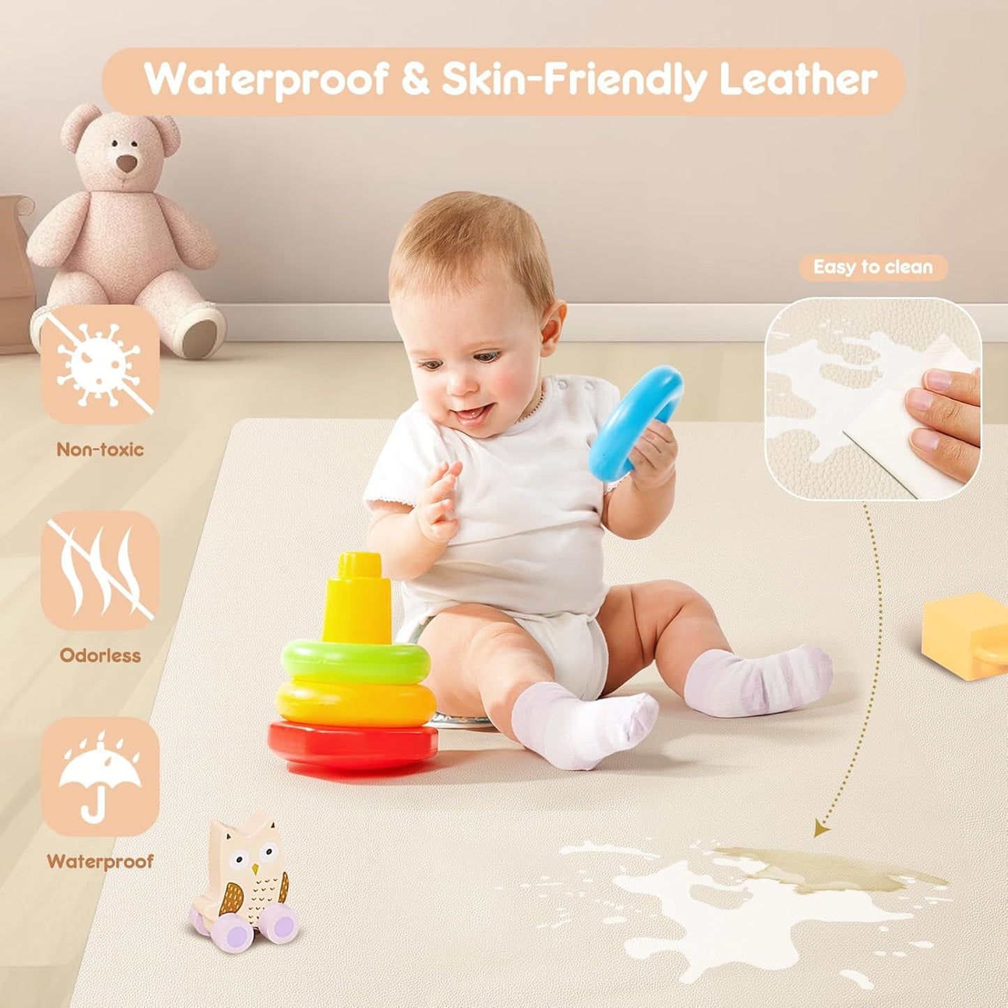 Padded Baby Play Mat, Super Soft Vegan Leather Floor Mat for Baby Girls and Boys, 48x48 Non-Slip Thick Foam Cushioned Playmat for Babies 6-12 Months, Fits Nicely Into 50x50 Playpen Mat, Pink