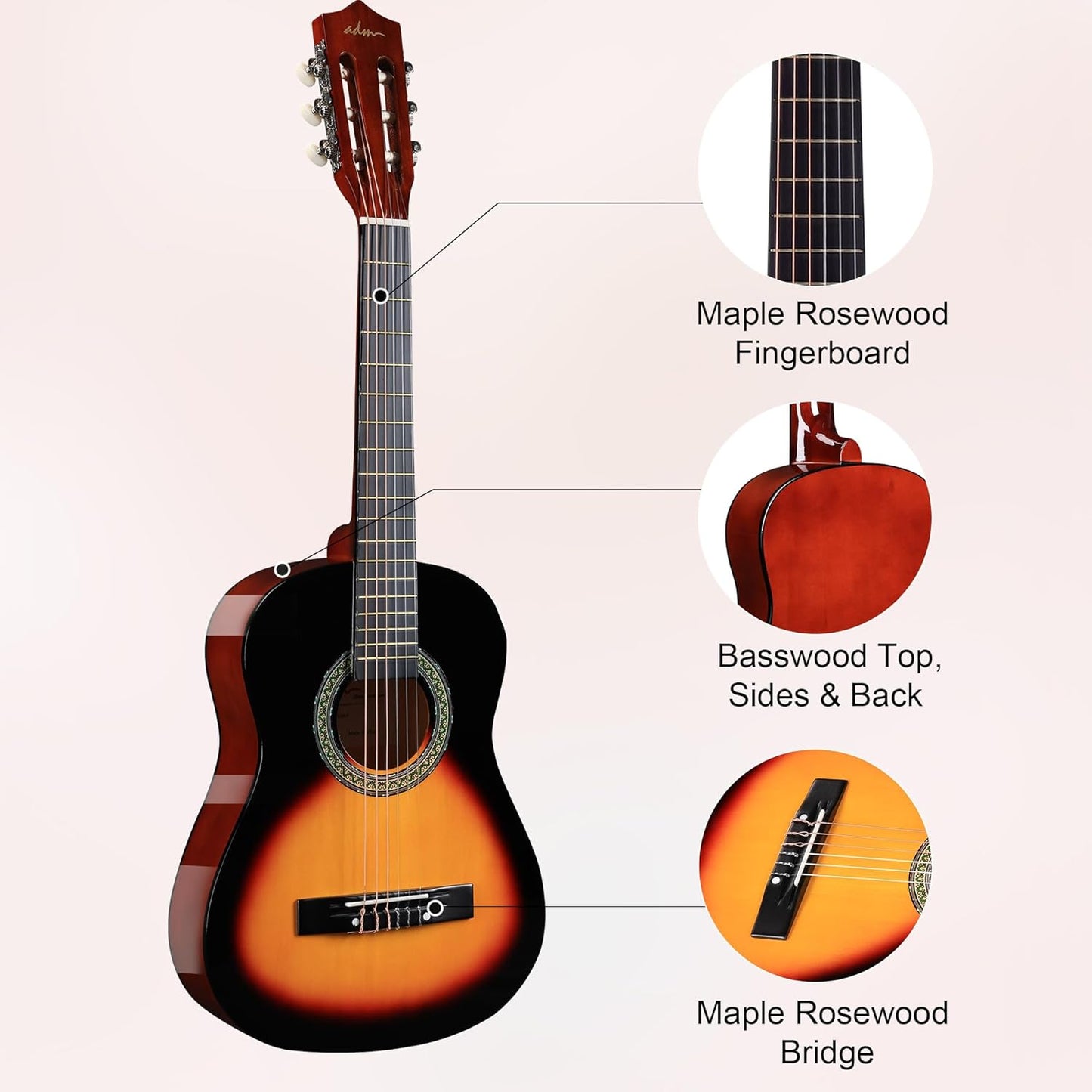 ADM Beginner Acoustic Classical Guitar Nylon Strings Wooden Guitar Bundle Kit for Kid Boy Girl Student Youth Guitarra Online Lessons with Gig Bag, Strap, Tuner, Strings, Picks (34 Inch, Sunburst)
