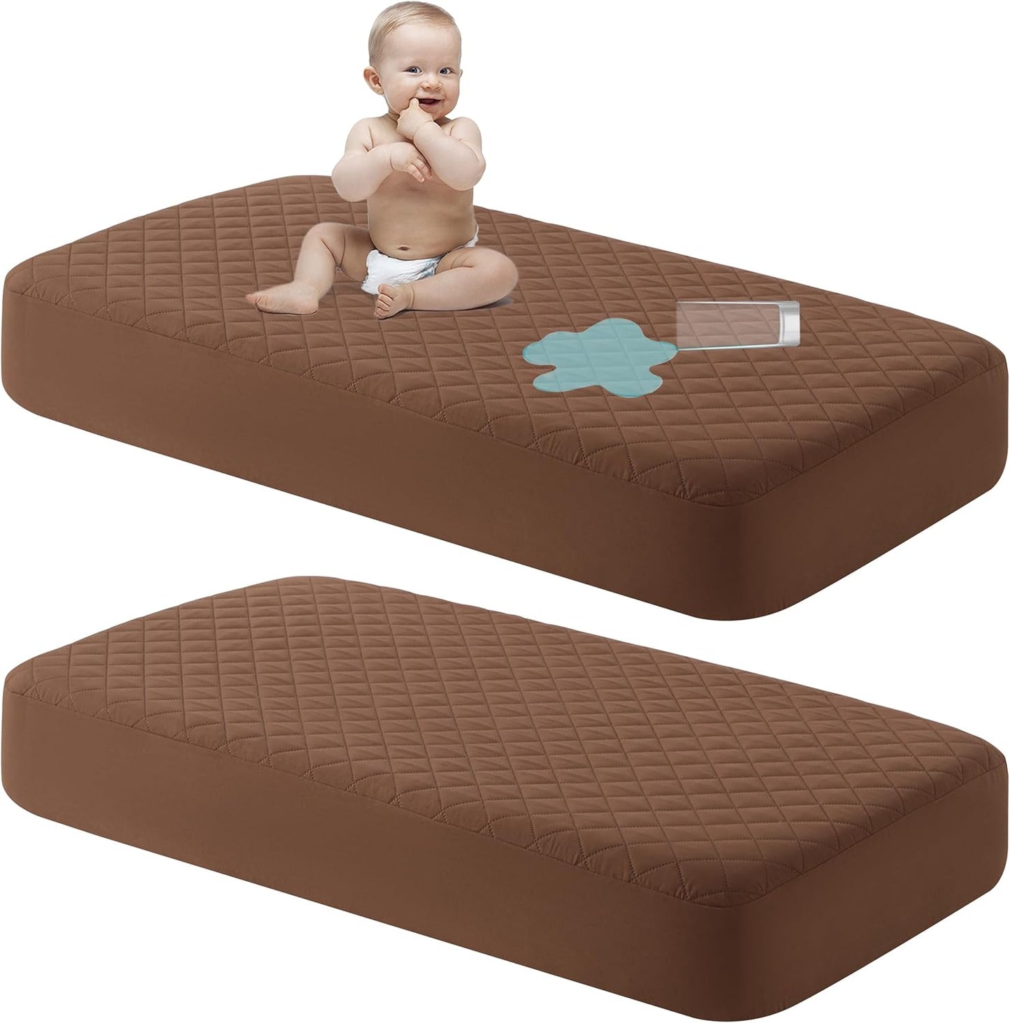 NTBAY 2 Pack Waterproof Crib Mattress Protector, Quilted 28"x52" Toddler Fitted Sheet - Machine Washable - Soft and Breathable Mattress Pad Cover for Crib, Nursery, Daycare, Cot, Brown