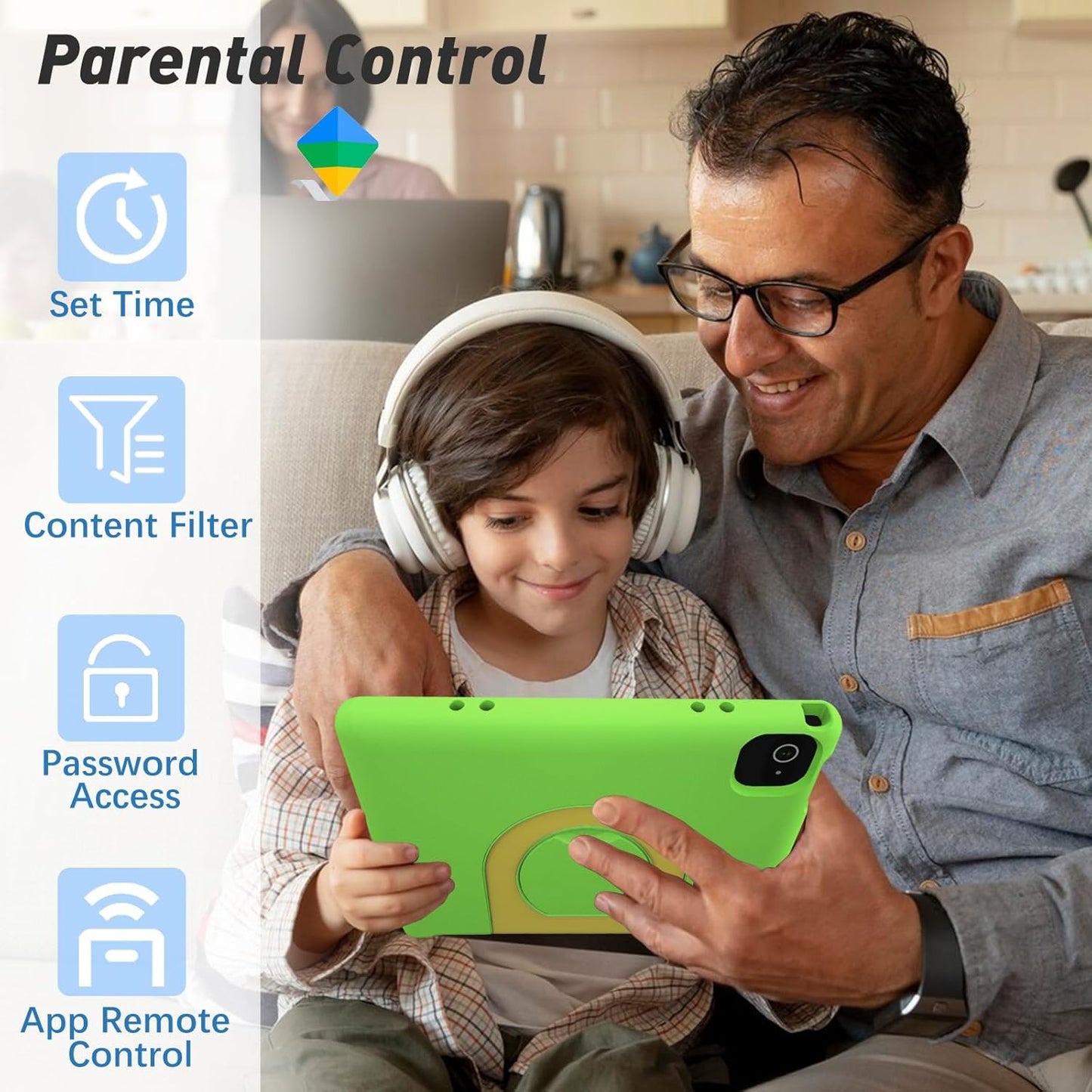 Kids Tablet, 10.1 Inch Tablet for Kids, Android 14, 64GB, Octa-Core CPU, WiFi, Big Battery, Kids Conten, Parental Control, HD Display Children Age 3-12, Bluetooth, Green Shockproof Case