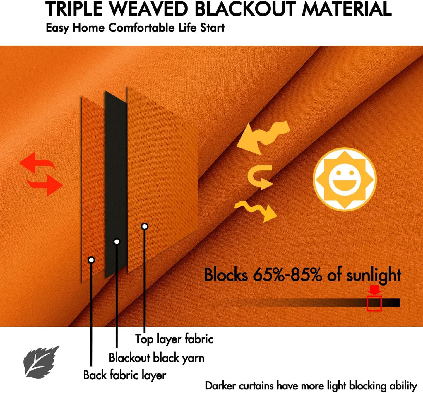 ANRODUO Back Tab Blackout Curtains for Bedroom Living Room, Rod Pocket Pinch Pleated Thermal Insulated Room Darkening Curtains 72 Inches Long 2 Panels, Orange, 42 x 72 Inch