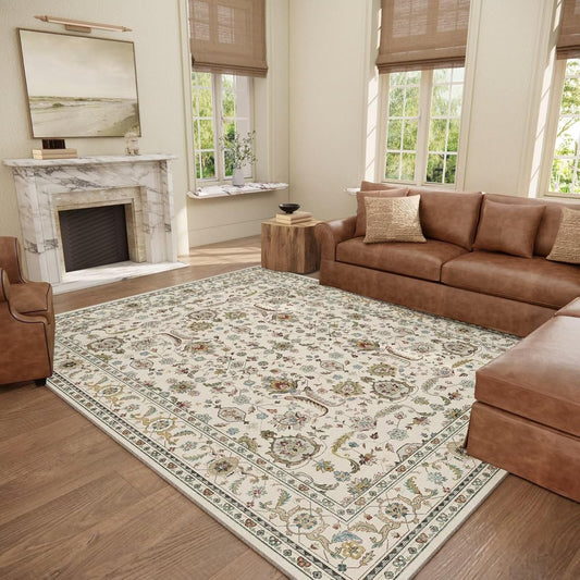 Washable 8x10 Area Rugs for Living Room, Boho Non-Slip Silicone Backing Rugs for Bedroom Dining Room Nursery Office, 0.3" Neutral Oriental Throw Carpet with 0.16" Cushioning Pad, Light Beige/Multi