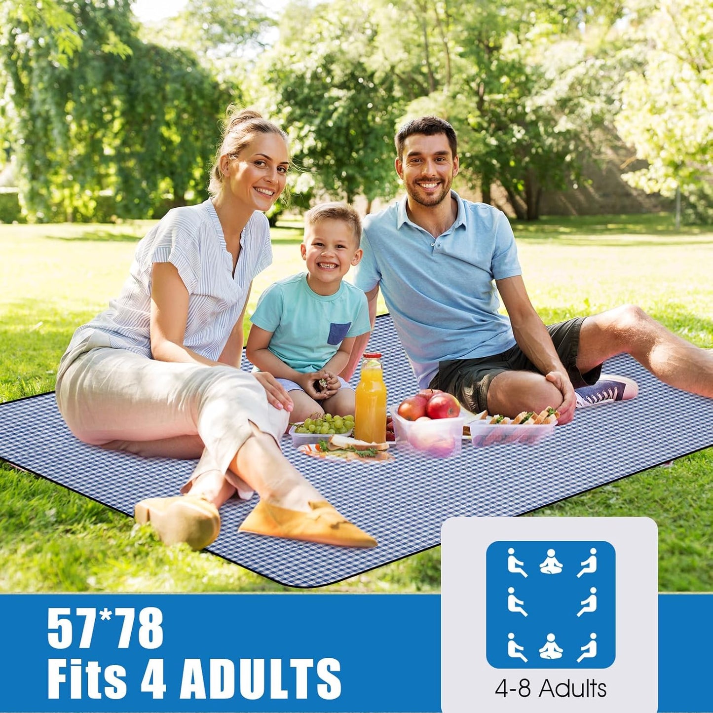 G GOOD GAIN Picnic Outdoor Blankets Waterproof Large - Beach Mat Sand Free Foldable with Carry Strap | Portable Camping Blanket | Park Blanket for Grass Park, Hiking, Travel, Concerts, Indoor (Blue)
