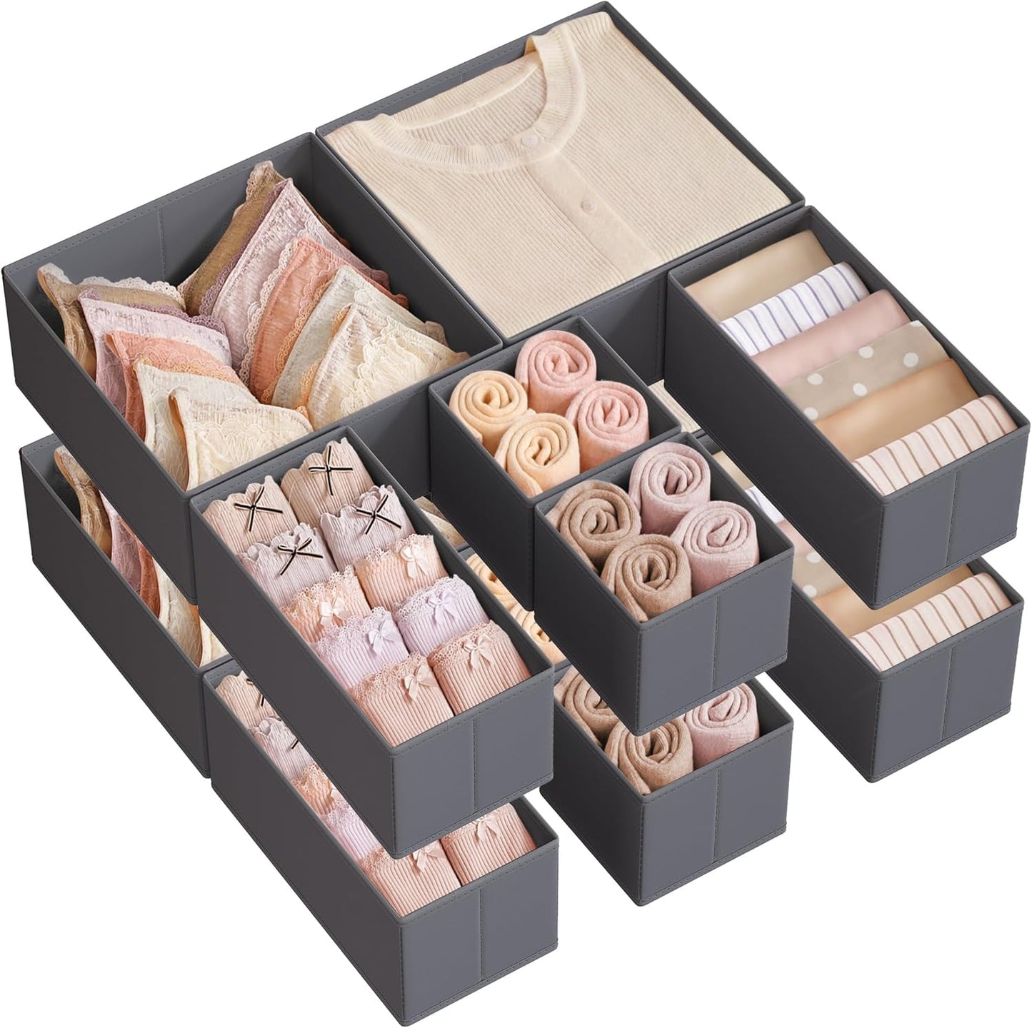 SONGMICS Drawer Organizer, Dresser Drawer Organizers, Set of 12, Foldable Fabric Storage Bins for Socks, Underwear, Bras, Ties, Scarves, Slate Gray URDZ006G03