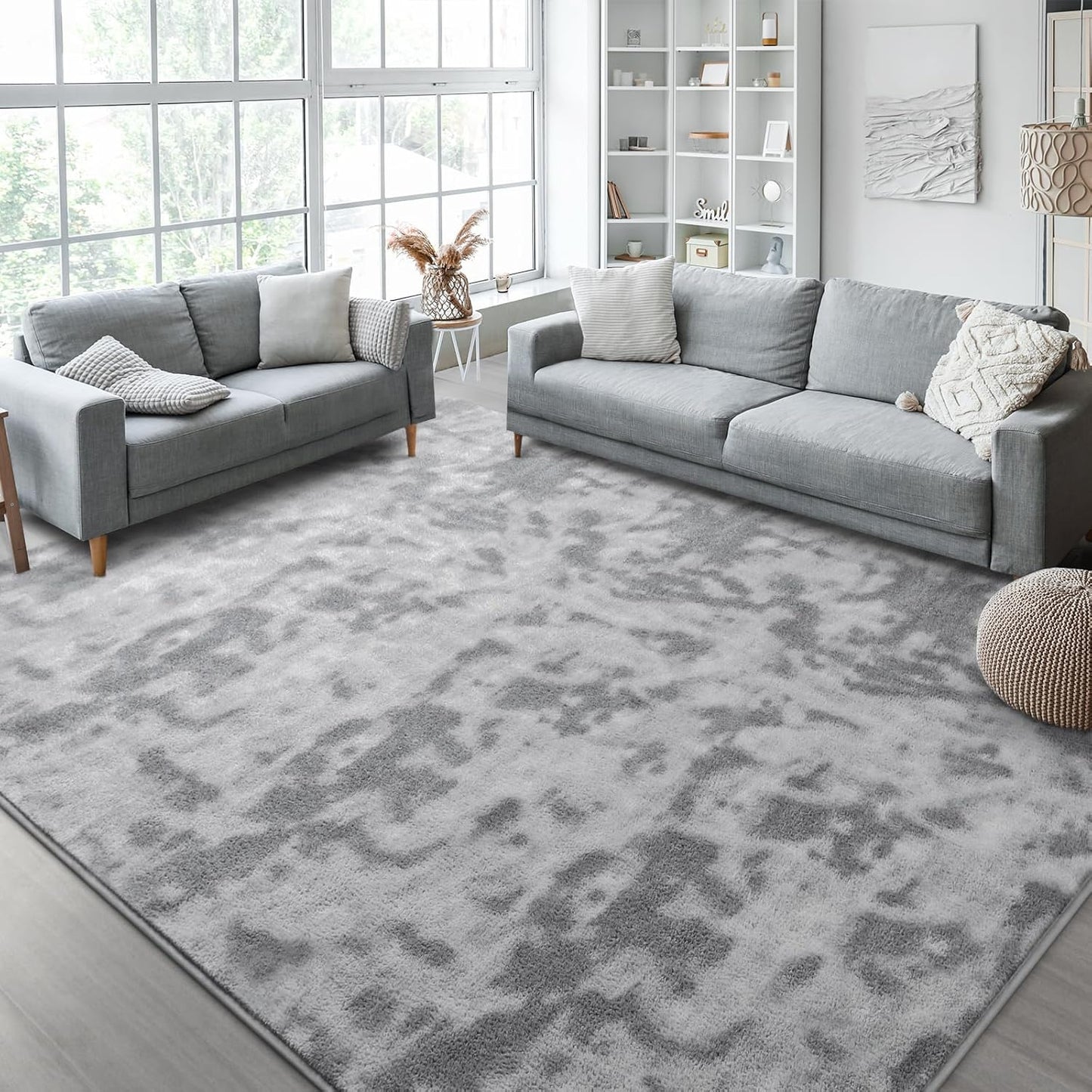 Kimicole 7x10 Washable Area Rugs for Living Room Bedroom, Large Low Pile Ulta-Thin Solid Color Rug, Non-Slip Soft Fluffy Carpet for Nursery Kids Room Dorm Room Home Decor (Light Grey)