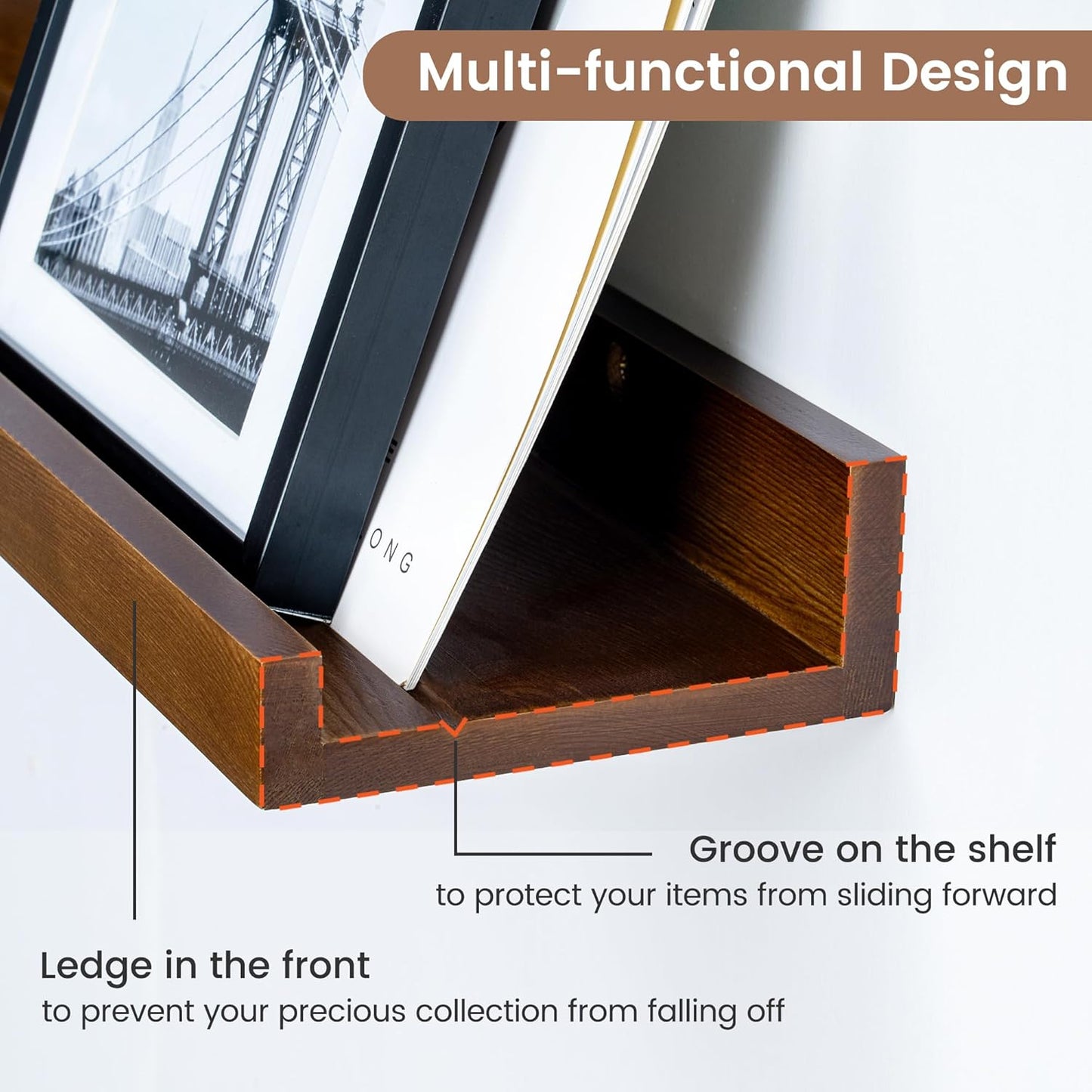 Picture Ledge Shelf, Floating Shelves Set of 2, Solid Pine Wood 55'' Long Large Nursery Book Shelves for Toys Storage, Kids Bookshelf for Living Room Bedroom Decor Books Photo Frames, Walnut