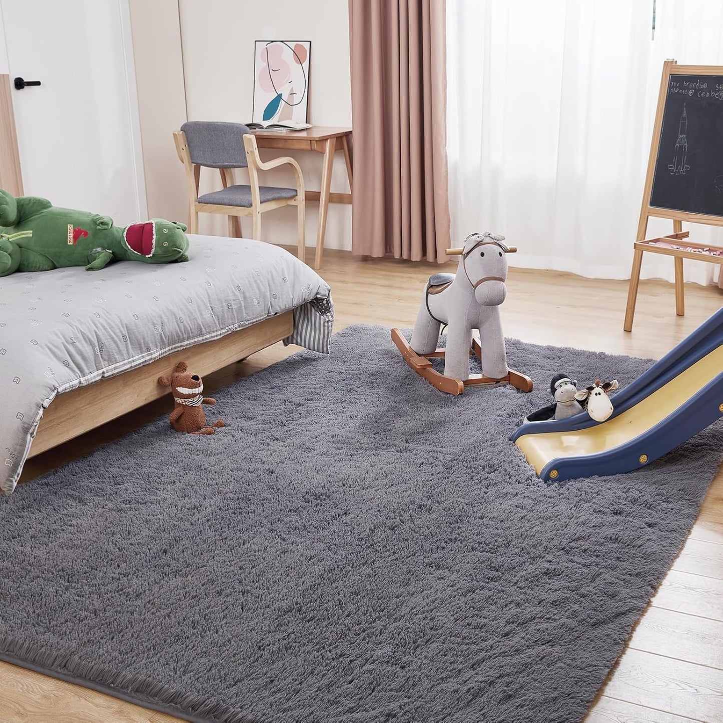 Fluffy Shag Area Rug, 4x6 Grey Rugs for Bedroom, Soft Plush Area Rugs for Living Room, Non-Slip Indoor Carpet for Nursery, Study Room, Dressing Room, Home Decor