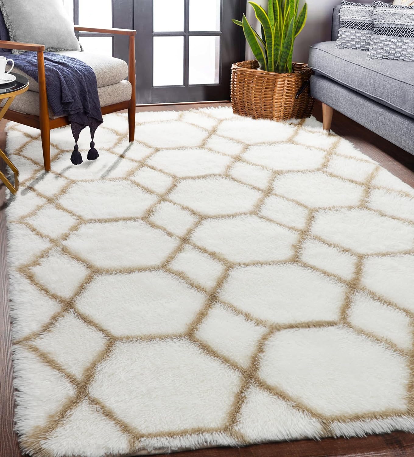 ONASAR Area Rugs for Bedroom Living Room, Washable 4x6 Fluffy White and Beige Throw Rug, Geometric Boho Shaggy Soft Plush Floor Carpet for Nursery Kids Girls Boys Teen Dorm Home Decor Aesthetic