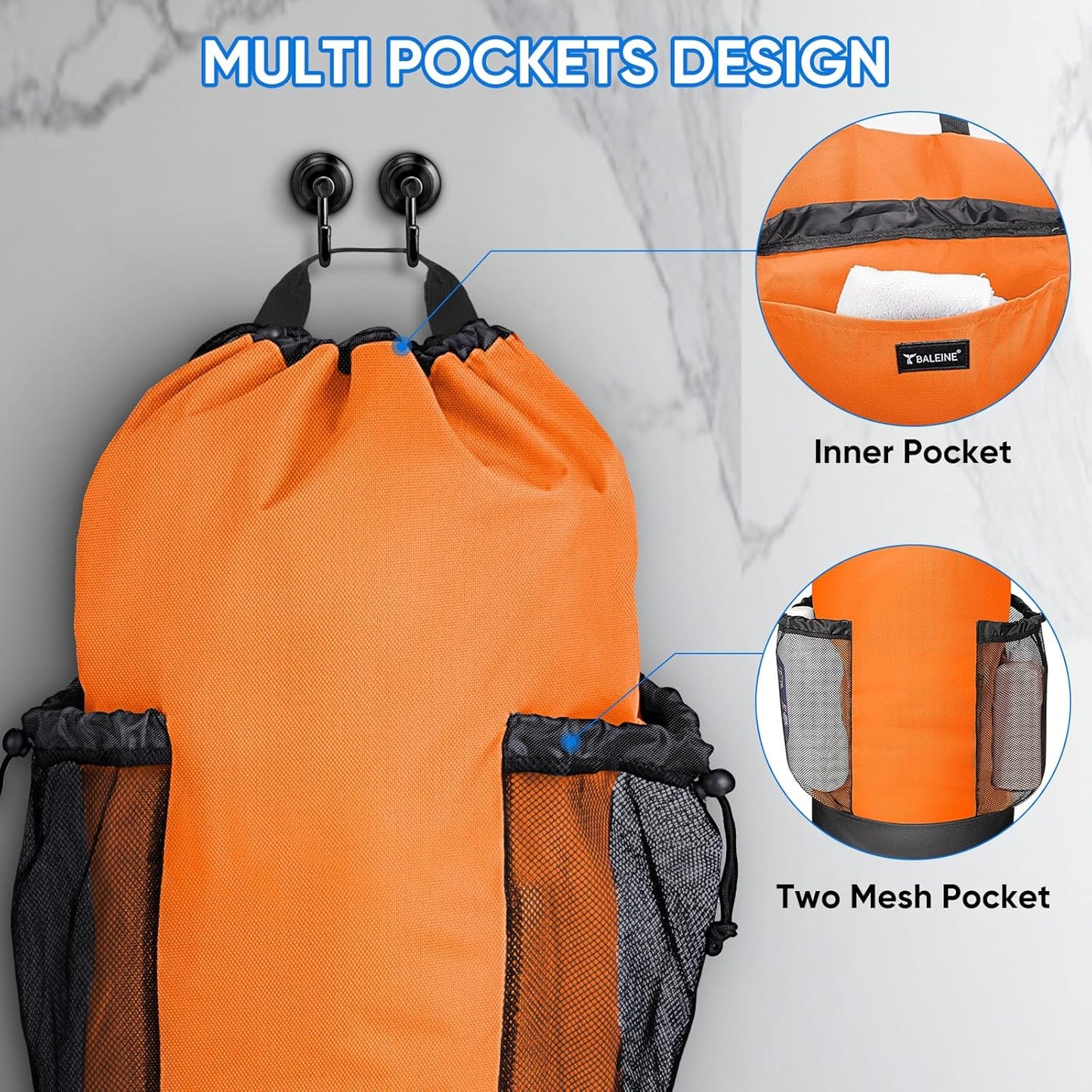 BALEINE 150L Laundry Bag Backpack, 900D Oxford Fabric Large Travel Laundry Bags with Shoulder Straps and 2 Mesh Pockets for College Dorm, Apartment, Laundromat (Orange, 150L)