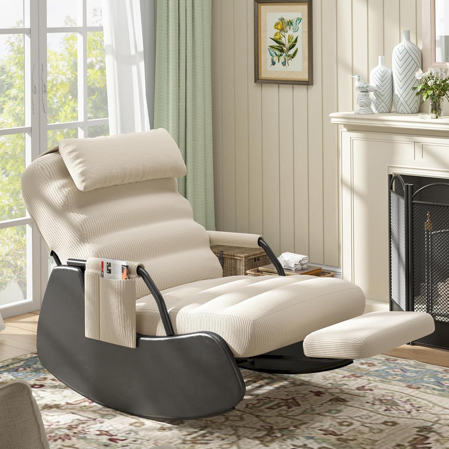Polar Aurora Nursery Rocking Chairs with Soft Seat and Headrest,Corduroy Fabric Accent Chair with Side Pocket,Glider Rocking Chair for Bedroom/Living Room/Nursery. (Beige/Black)