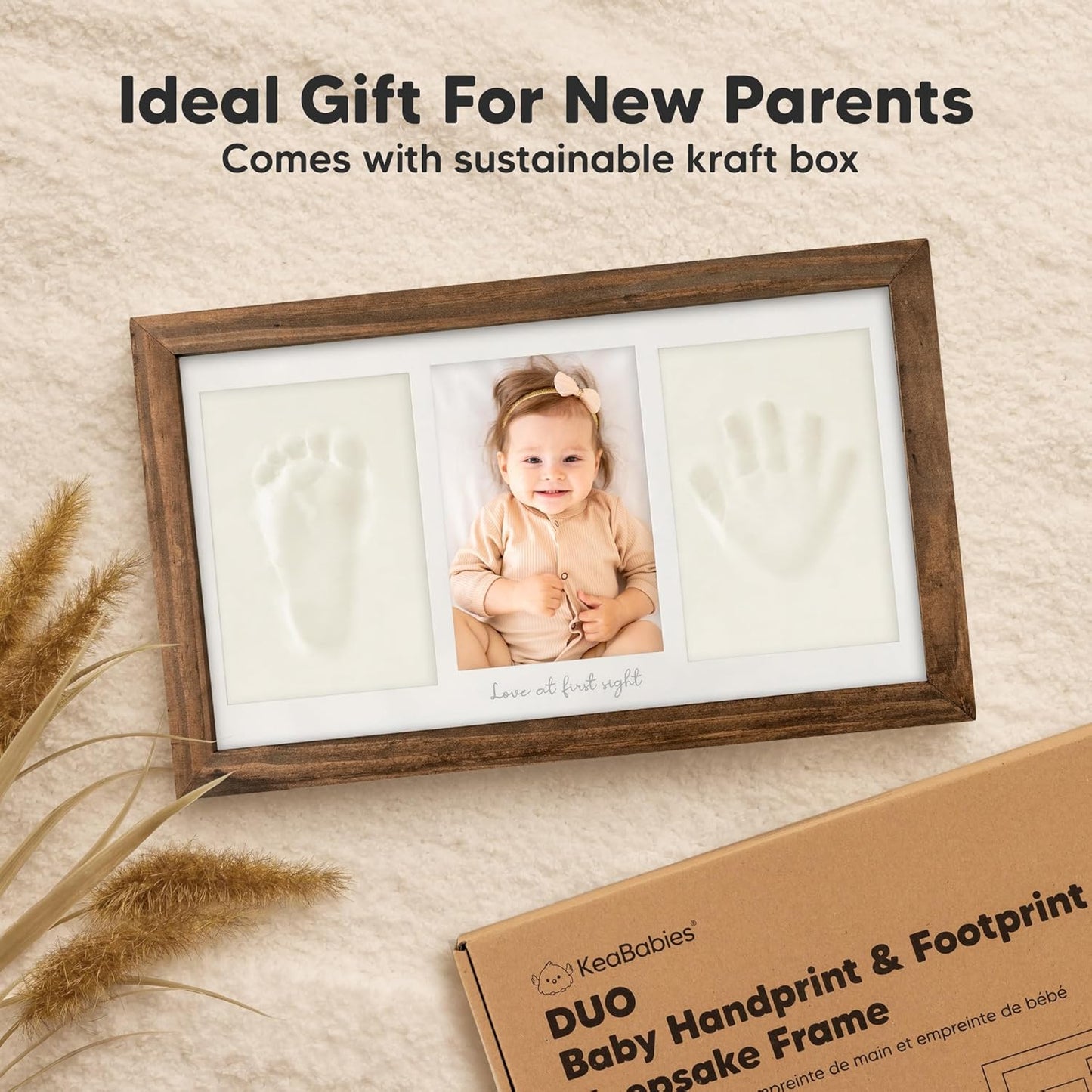 Baby Hand and Footprint Kit - Clay Handprint Keepsake Frame, Newborn Nursery Picture Frame, Personalized New Mom Gifts for Baby Shower & Registry (Medium Oak)