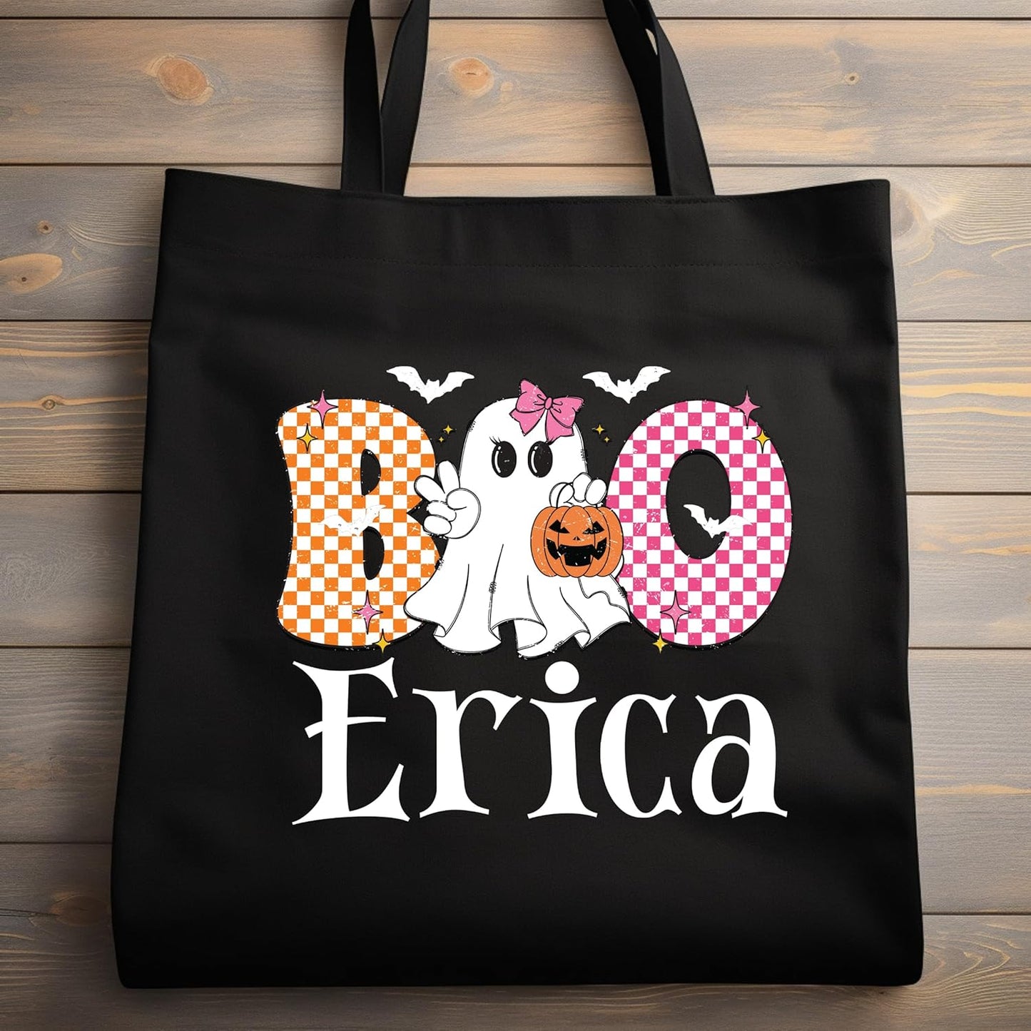 Custom Name Halloween Trick or Treat Bags for Kids Personalized Reusable Canvas Candy Bags for Girls & Boys Spooky Pumpkin Ghost Boo Bag Large 15" x 16" Reusable Candy Totes