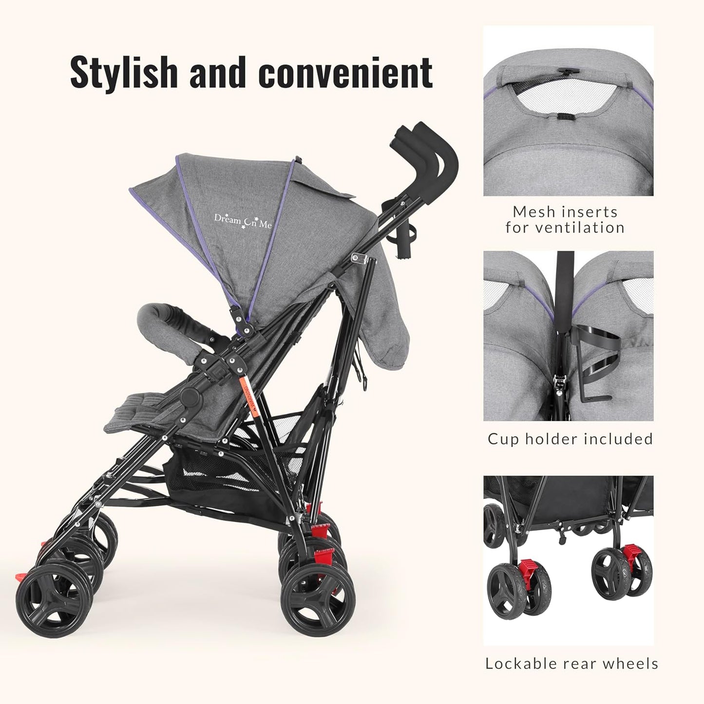 Dream On Me Volgo Twin Umbrella Stroller in Purple, Lightweight Double Stroller for Infant & Toddler, Compact Easy Fold, Large Storage Basket, Large and Adjustable Canopy