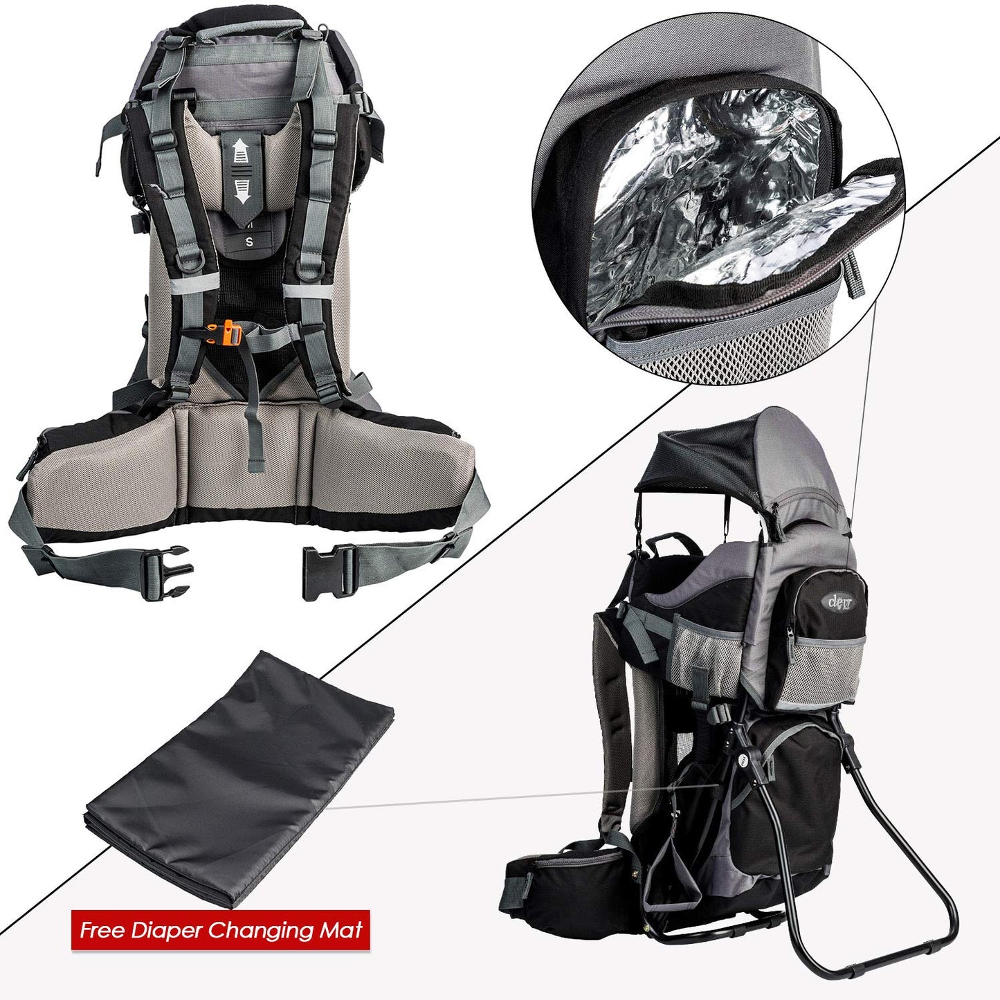 ClevrPlus Canyonero Camping Baby Backpack Hiking Kid Toddler Child Carrier with Stand and Sun Shade Visor, Black