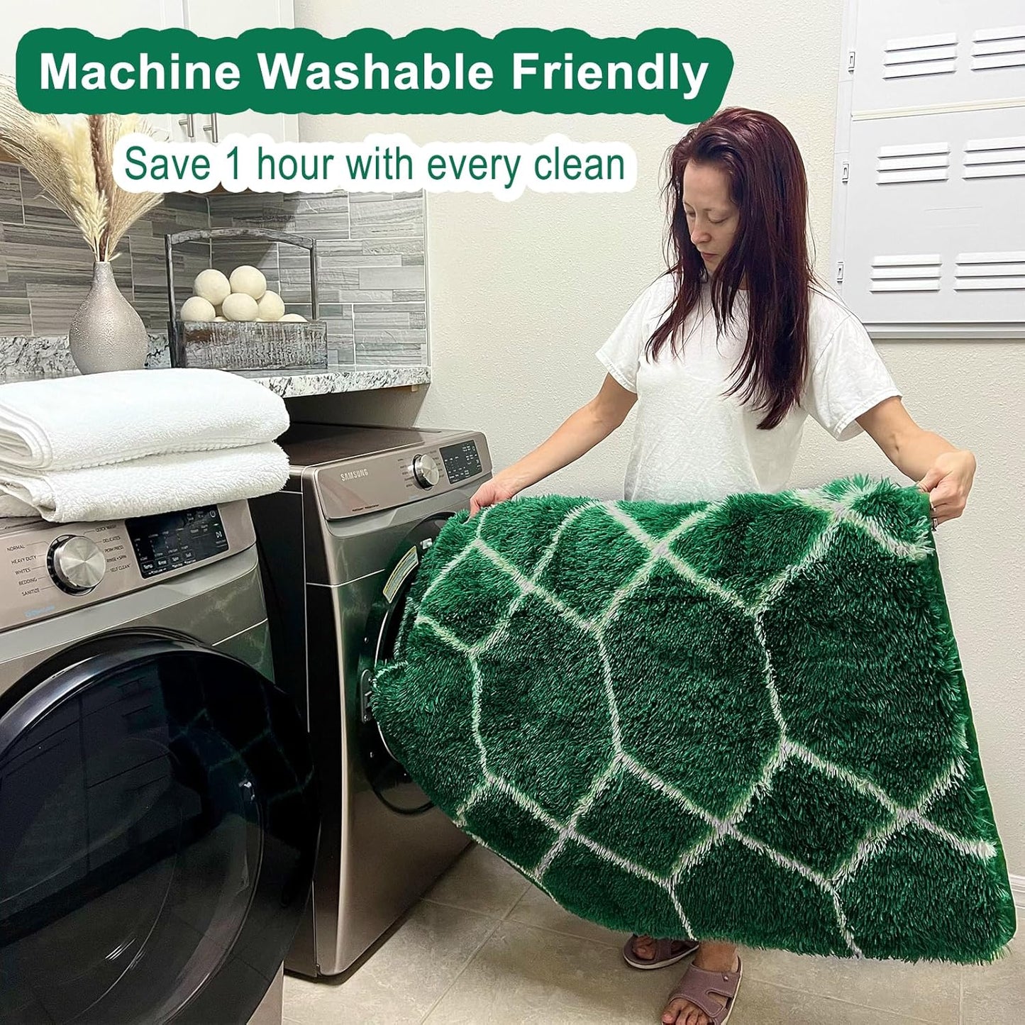 ONASAR Area Rugs for Living Room Bedroom, 5x8 Washable Fluffy Dark Green and White Rug, Geometric Boho Soft Plush Shaggy Fuzzy Floor Carpet for Nursery Kids Girls Boys Teen Dorm Home Decor Aesthetic