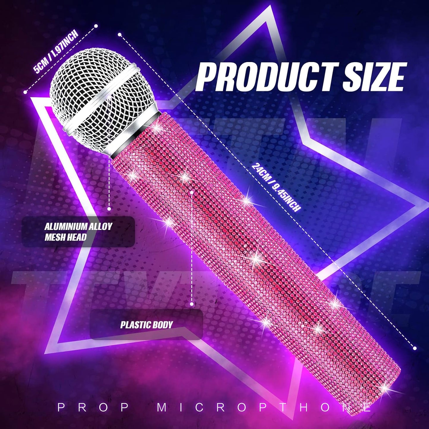 Sanwuta Fake Microphone Prop Sparkly Bling Rhinestones Plastic Play Microphone Pretend Glitter Bedazzled Mic for Cosplay Party Costume(Pink)