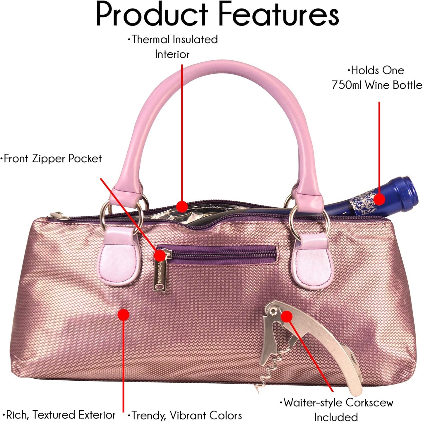 Wine Clutch Bag (Thermal Insulated) Trendy Women’s Carry Tote | Holds Red & White 750mL Bottles | Trendy Fashion | Incl. Portable Waiter-Style Corkscrew