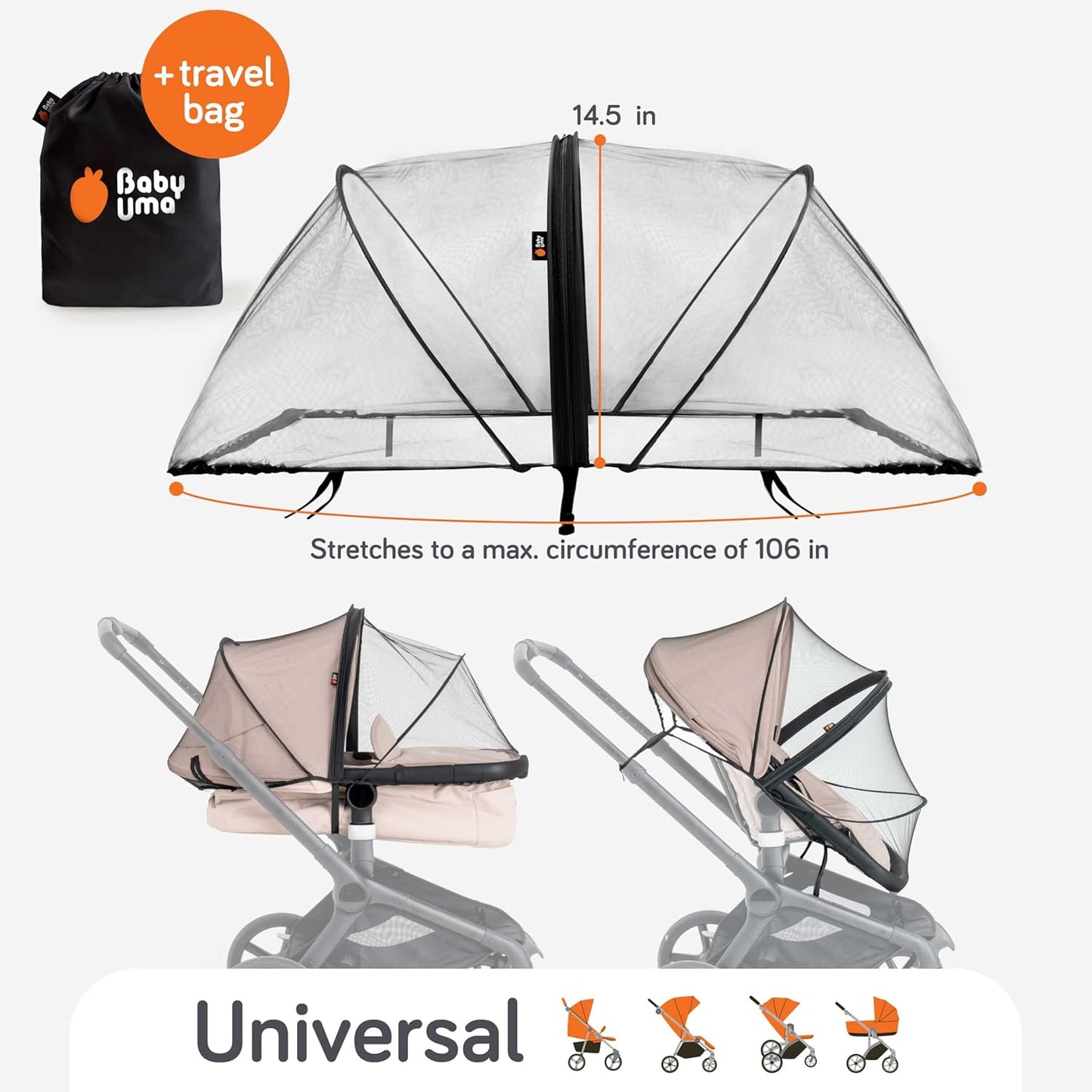 Baby Uma Baby Mosquito Net for Stroller - Universal Stroller Mosquito Net Cover, Breathable & Tear-Resistant 3D Mesh Insect Netting with Zip-up Window (+ Travel Bag)