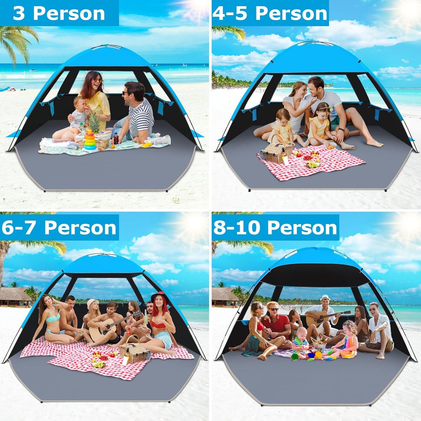 Gorich Beach Tent Sun Shelter for 3/4-5/6-7/8-10 Person with UPF 50＋ UV Protection, Lightweight & Easy Setup Beach Shade Canopy, Portable Beach Shade Tent Beach Cabana