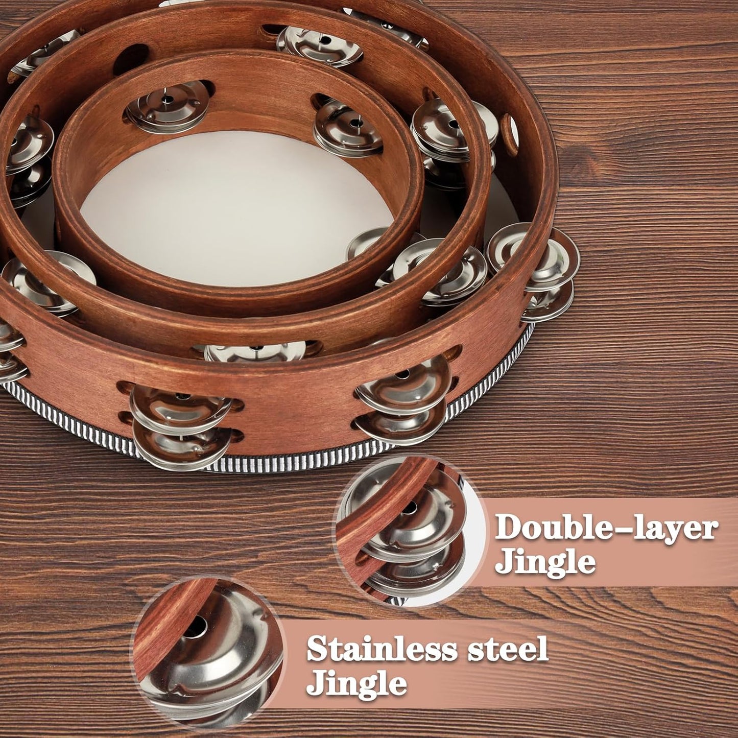 Wooden Hand Held Percussion Tambourine with Storage Bag - 6+8+10 Inches, Ideal for Church, Wedding, Party, Dance, Photo Shoot