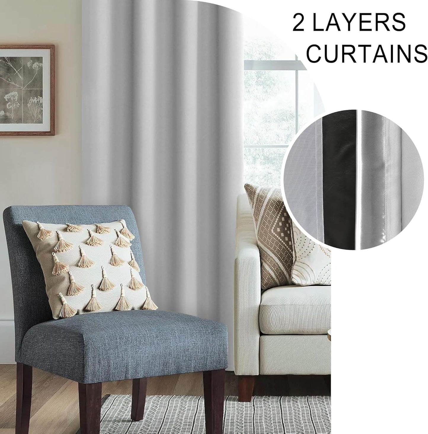XWZO Full Shading Blackout Curtains with Tiebacks- Heat and Light Blocking Rod Pocket Window Drapes with Black Liner Backing for Bedroom/Kid's Room, Light Grey, W42 x L63, Set of 2 Panels