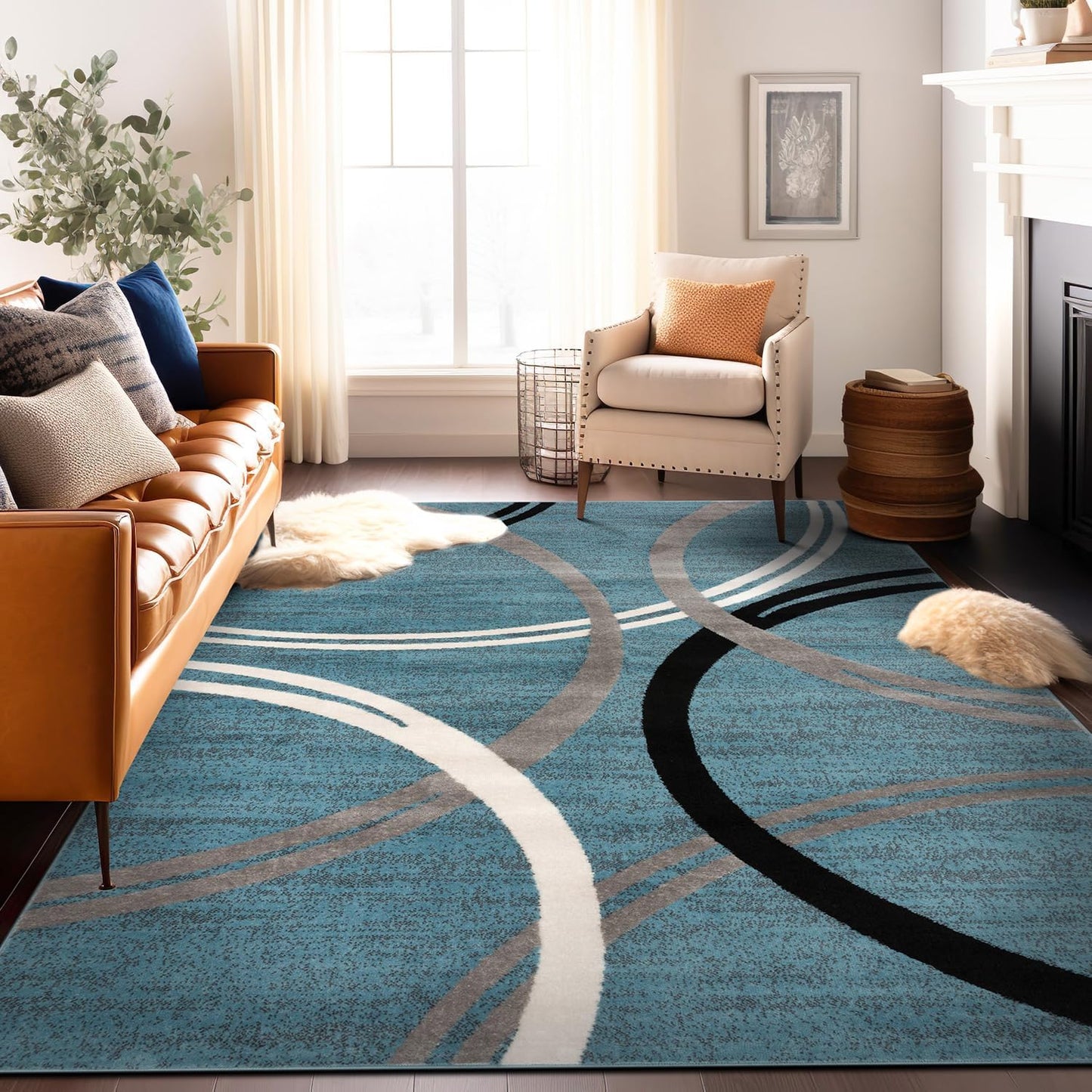 Rugshop Modern Wavy Circles Design Area Rug 10' x 14' Blue